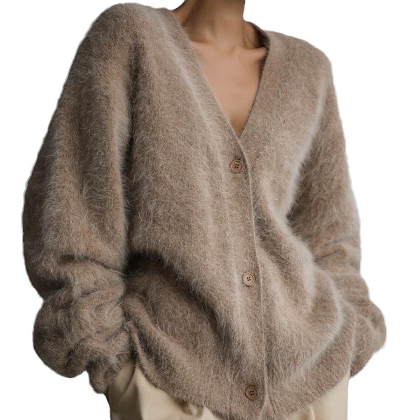 Lockenstab Luxury Cashmere Cardigan For Women Fluffy Cardigan Plush V Neck Open Front Button Pullover Jackets, khaki, S