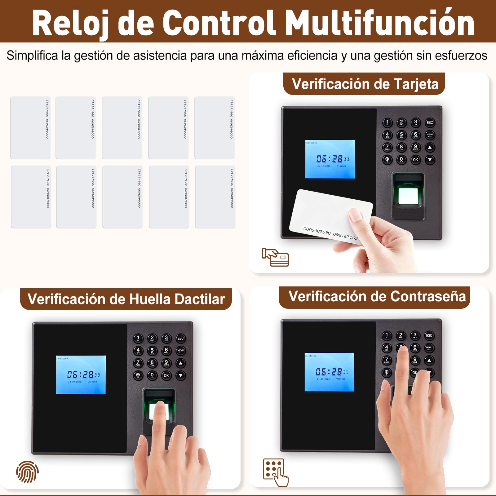 Control Horario para Empleados – Reloj de Fichar Biométrico 3-en-1 con Huella Dactilar, 10 Tarjetas RFID y Código Pin – Máquina de Asistencia para Pequeñas Empresas, Español, Sin Cuotas Mensuales