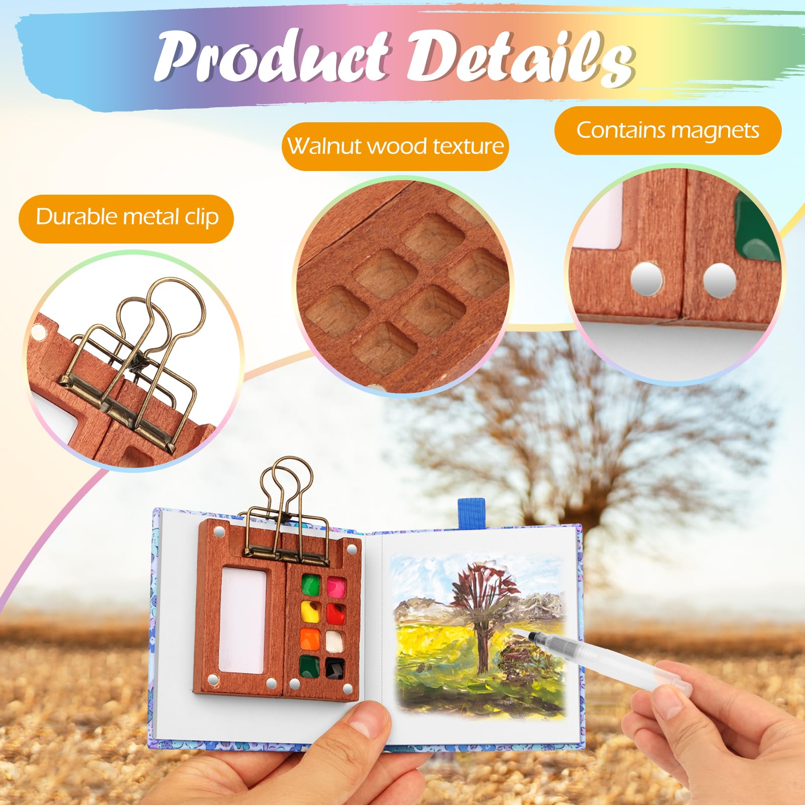 Kit Aquarelle De Poche Voyage | 18 Couleurs, 2 Pinceaux, Carnet | Mini Palette En Bois Noyer | Idéal Artistes Nomades