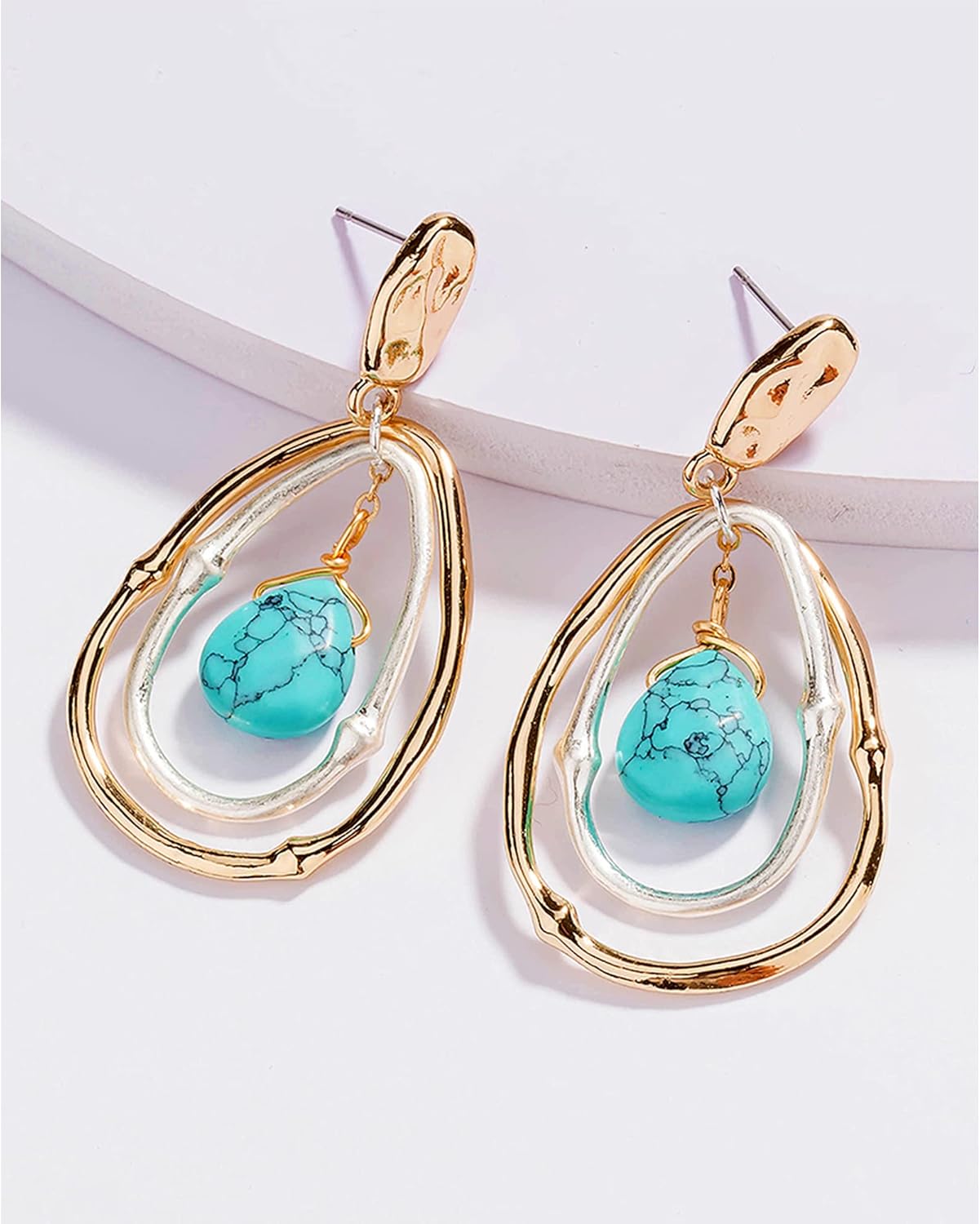 Turquoise Gold Hoop Earrings for Women,Turquoise Large Oval Drop Dangle Western Stylish Silver Earrings Jewelry - Image 7
