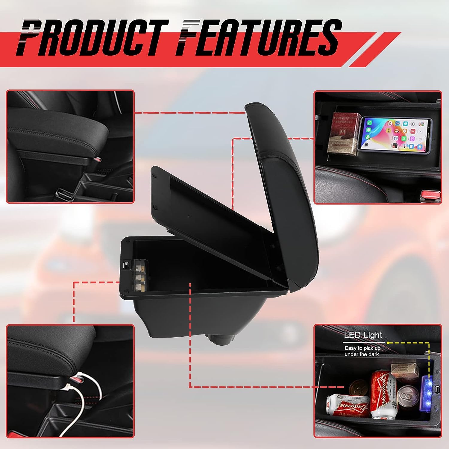 Autoarmleuningbox voor Mitsubishi Mirage Attraction Space Star 2014-2024, middenconsole, accessoires, leer, armleuning, dubbellaagse opbergruimte met bekerhouder, zwart (rode lijn