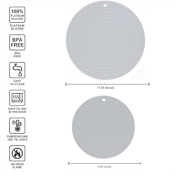 Silicone Trivets Mats for Pots and Pans, Heat Resistant Pot Holders, Flexible Hot Pads for Kitchen Table, Non Slip Mats, Dia11.81 and 9.45 Inches Big Round Microwave Mats Pack 3 Light Gray