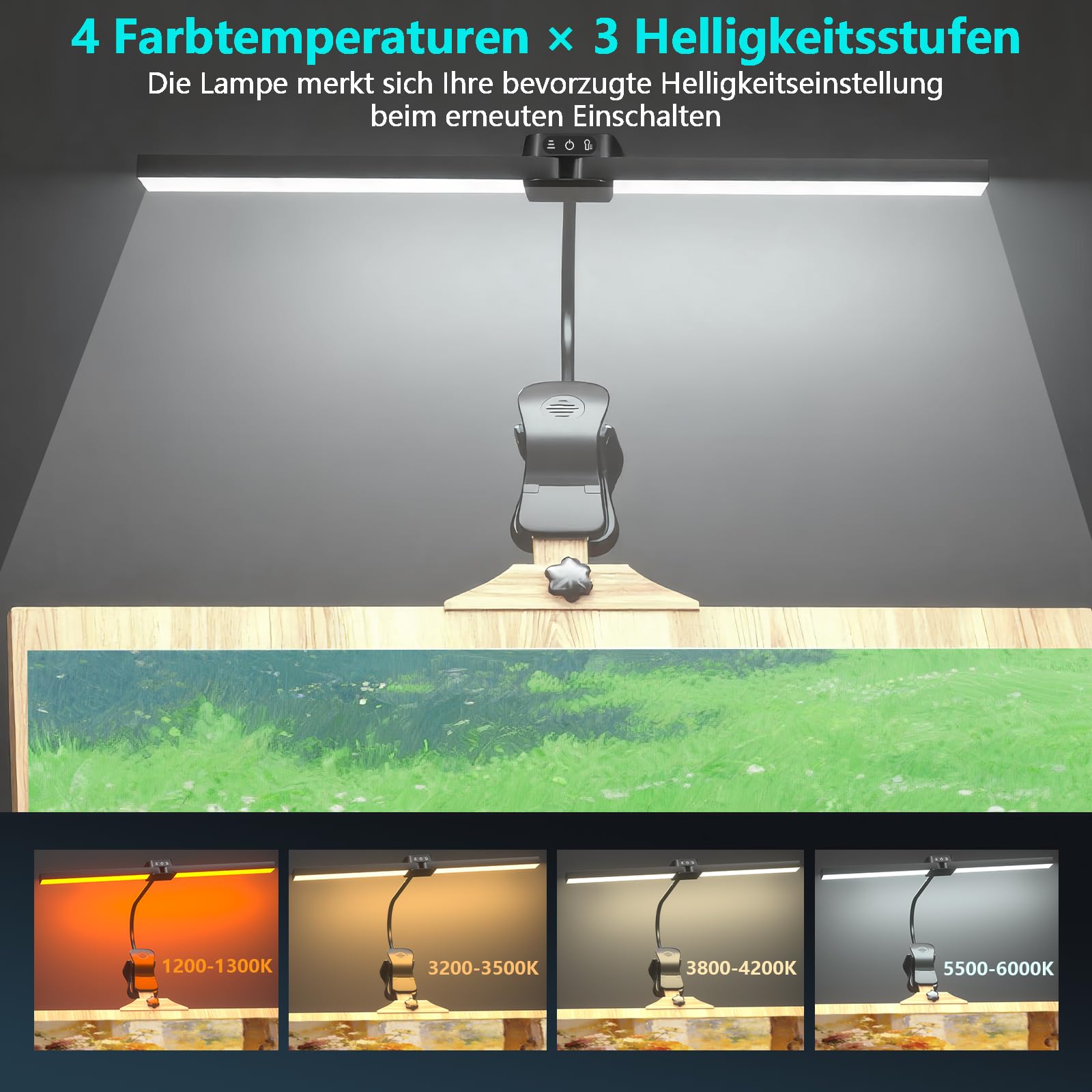 Klemmbare LED Staffelei-leuchte Wiederaufladbare LED Lampe Staffelei, 64 LEDs 4 Farben & 3 Helligkeiten, Kabellose Easel Light für Künstler, Zeichnen Touch-Control