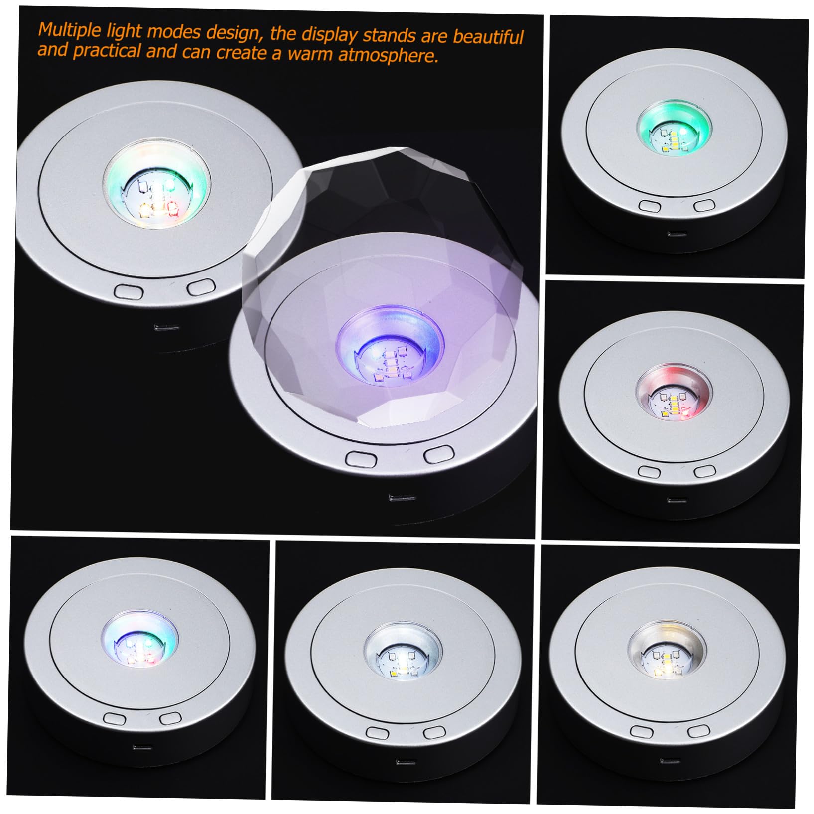 Socles Lumineux LED Rotatifs Ronds Argentés, Pieds de Lampe Légers pour Cristaux, Bases D’affichage LED pour Décoration Maison et Présentoirs, Lot de 2 Pièces