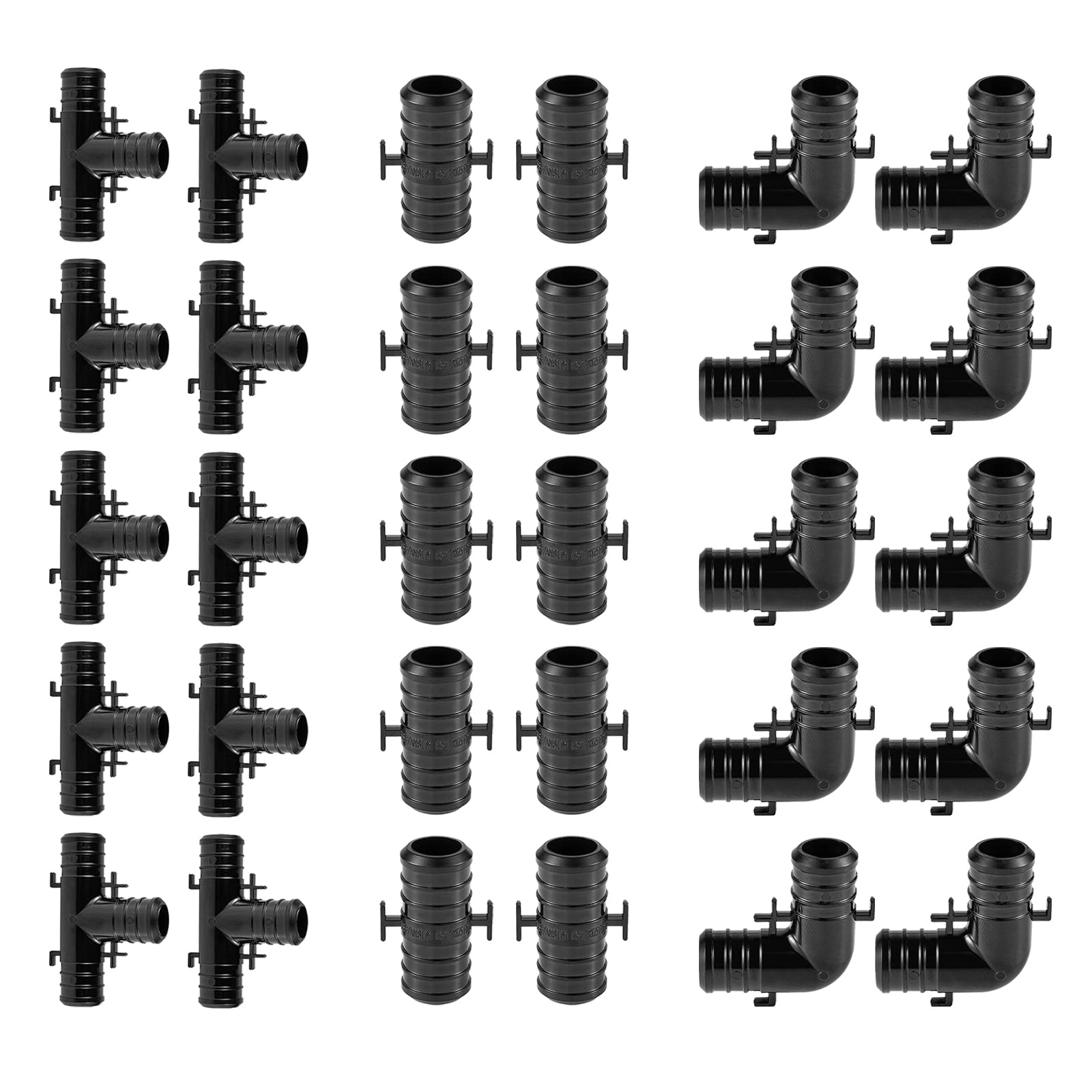 Paquete de 30 EFIELD 3/4 pulgadas Poly PPSU Barb Crimp Pex Fitting con pestaña de posición Combo: Tees, codos, acoplamientos, 10 piezas cada uno