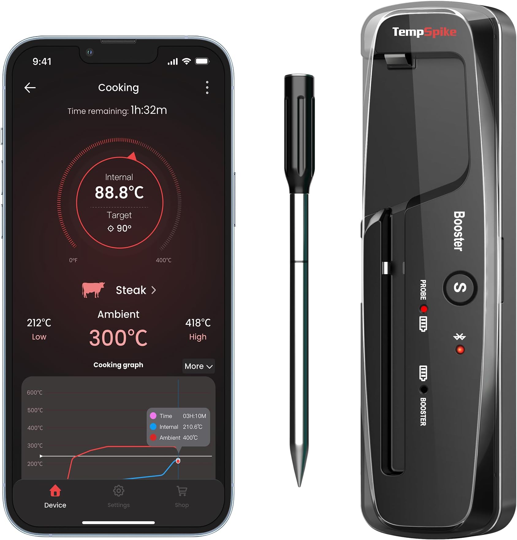 TempPro 150M Wireless Meat Thermometer Grilling，Bluetooth Meat Thermometer with Temperature Alarm，Digital Cooking Thermometer Oven，Grill，Kitchen，BBQ，Smoker & Air Fryers，Black，150M Range