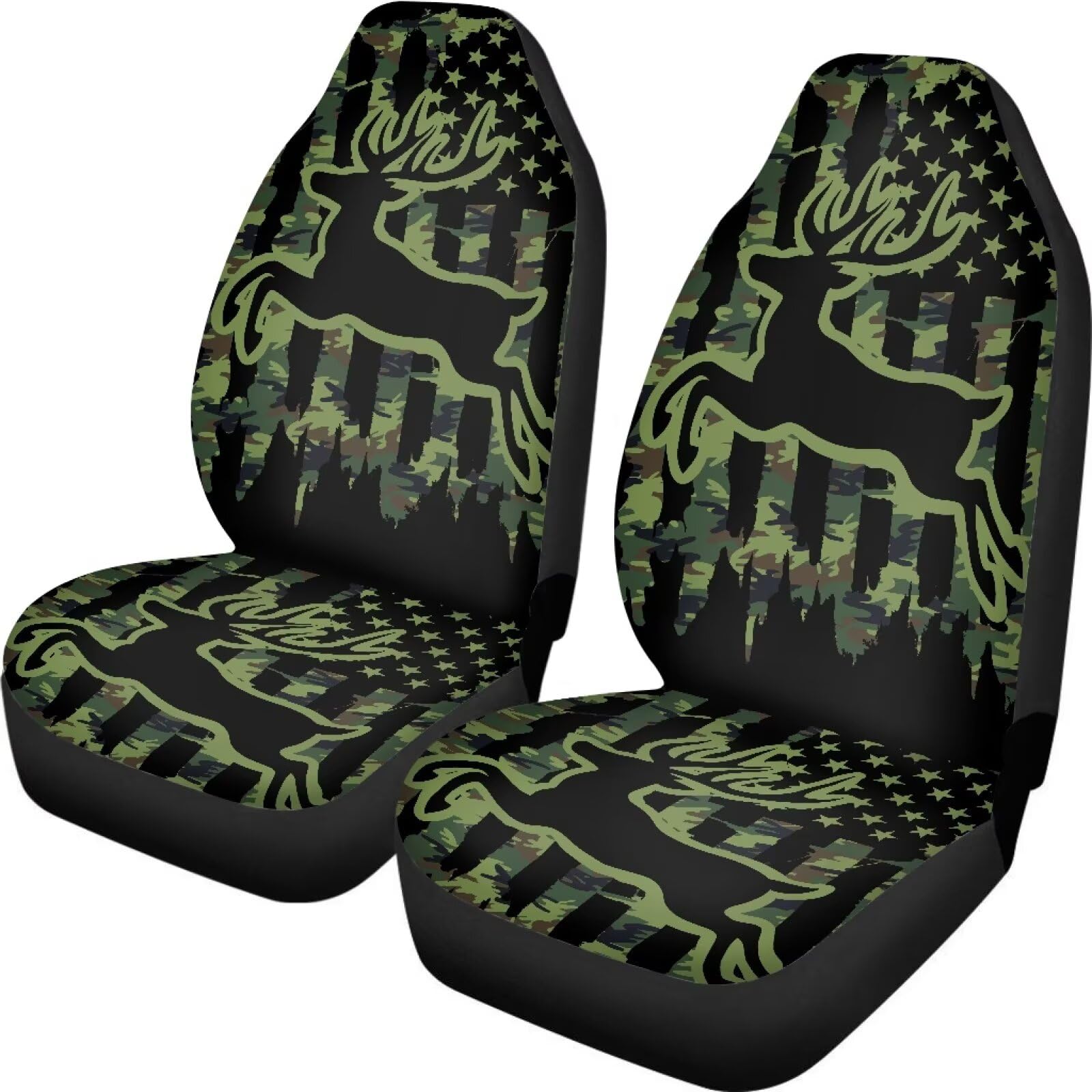 2 Pcs Fundas Asientos Delanteros Bandera Estadounidense con Camuflaje De Ciervo Impermeables Fundas para Asientos De Coche Universal para SUV para Mujeres Y Hombres 52X138 Cm