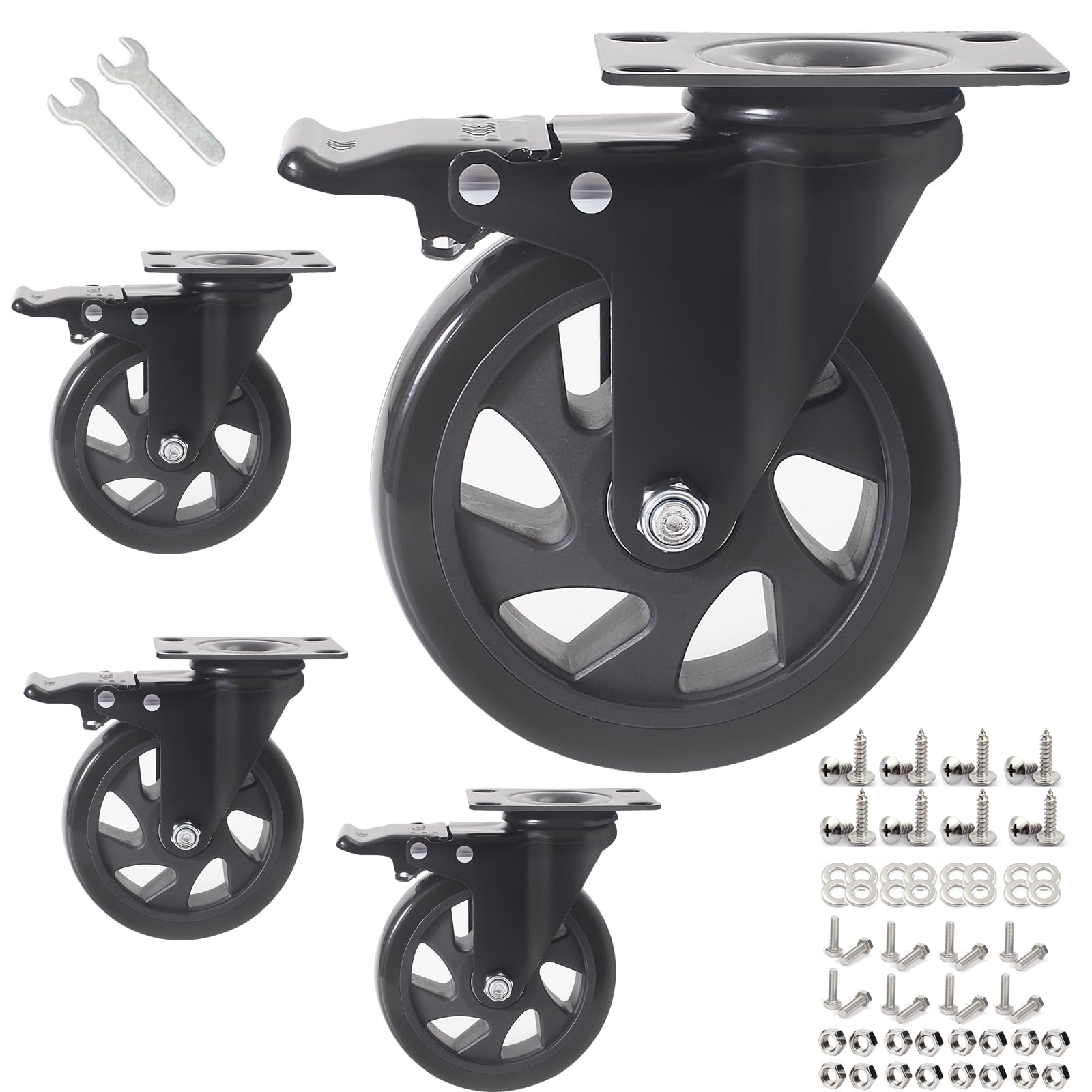 Sohnvwtgd Black 5 Inch Caster Wheels, Casters Set Of 4, Heavy Duty Casters With Brake 2200 Lbs,Swivel Caster Wheels With Top Plate, Industrial Caster Wheels For Workbench, Cart, Furniture