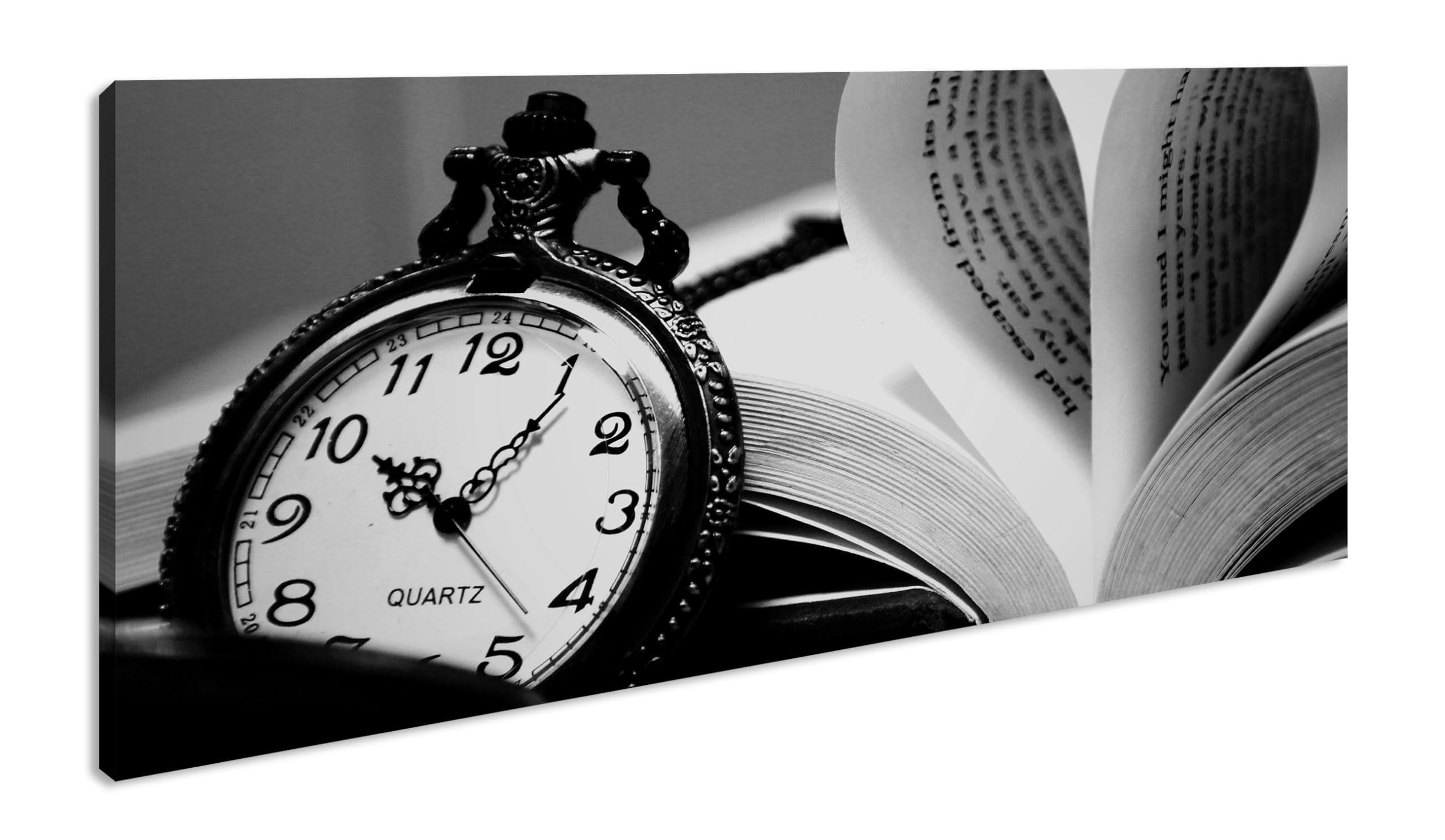 Reloj de bolsillo antiguo con un libro panorámico, 60 x 30 cm, efecto: negro/blanco como lienzo, diseño enmarcado sobre marco de madera auténtica, impresión digital de alta calidad con marco