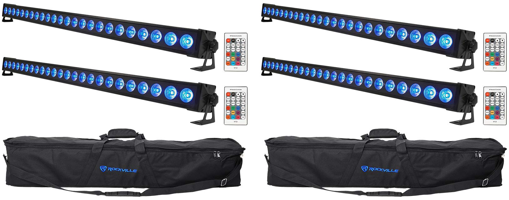4 Rockville Battery Strip 24 Rechargeable RGBW DMX DJ Wash Light Bars+Carry Bags