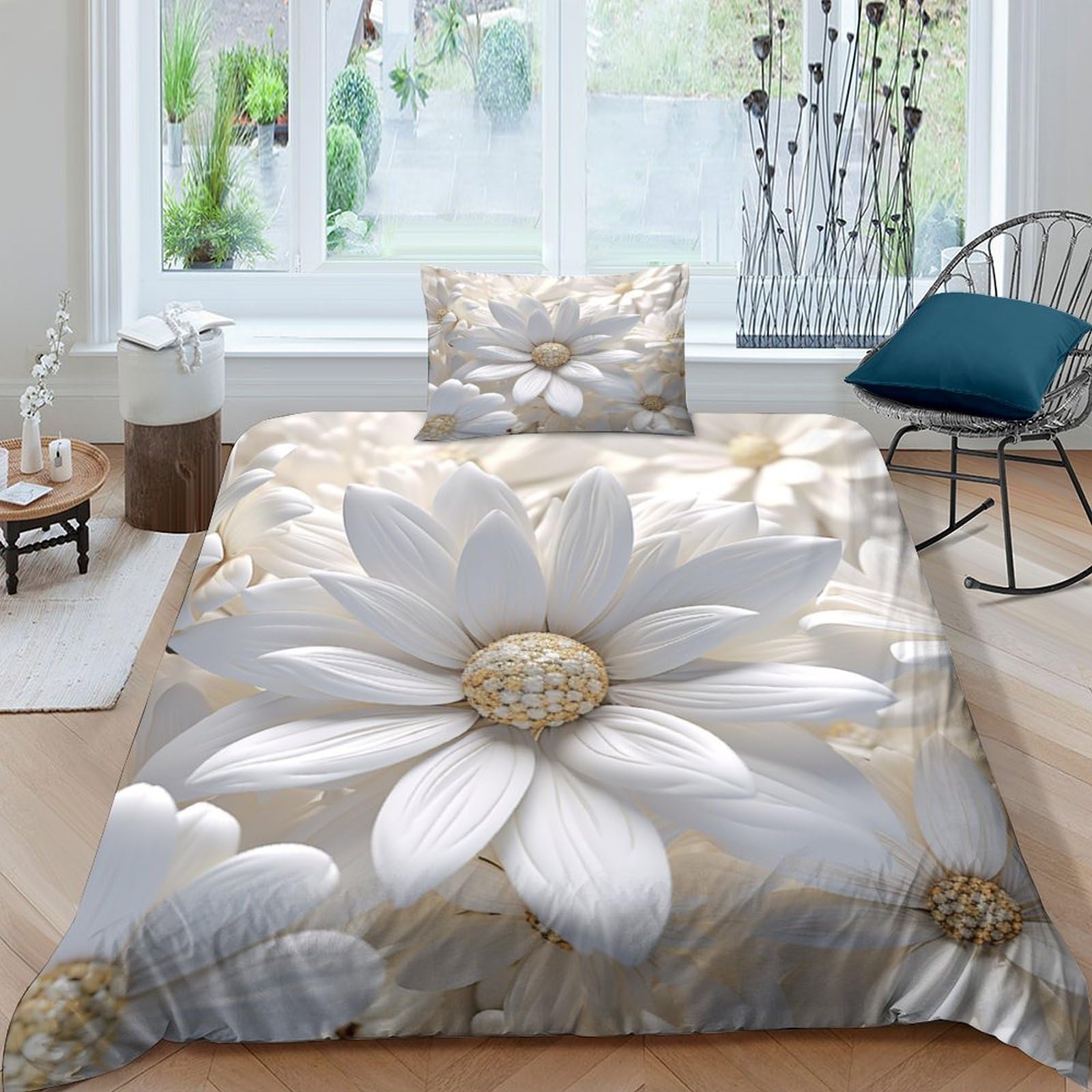 GUYDZOOM Daisy Duvet Cover Set 3 PCS Hotel Quality Quilt Cover Bedding Sets Bed Covers with Pillowcases with Zipper Closure Ultra Soft Anti Allergic Microfiber Single（135x200cm）