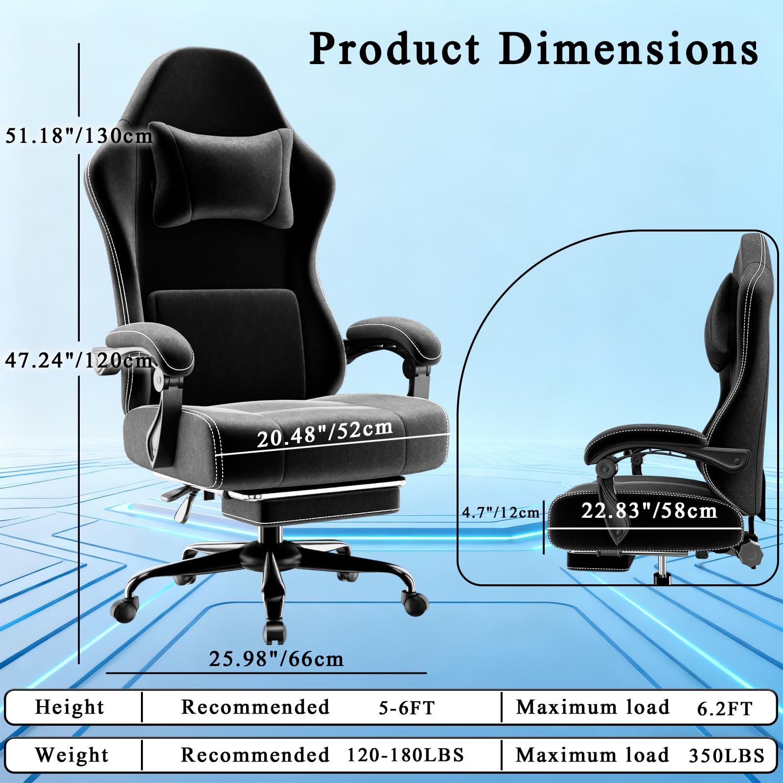 Chaise Gaming Ergonomique avec Ressorts Ensachés et Repose-Pieds, Fauteuil Gaming avec Soutien Lombaire Réglable, Chaise Bureau Respirant Jusqu'à 150 kg (Noir Profond)