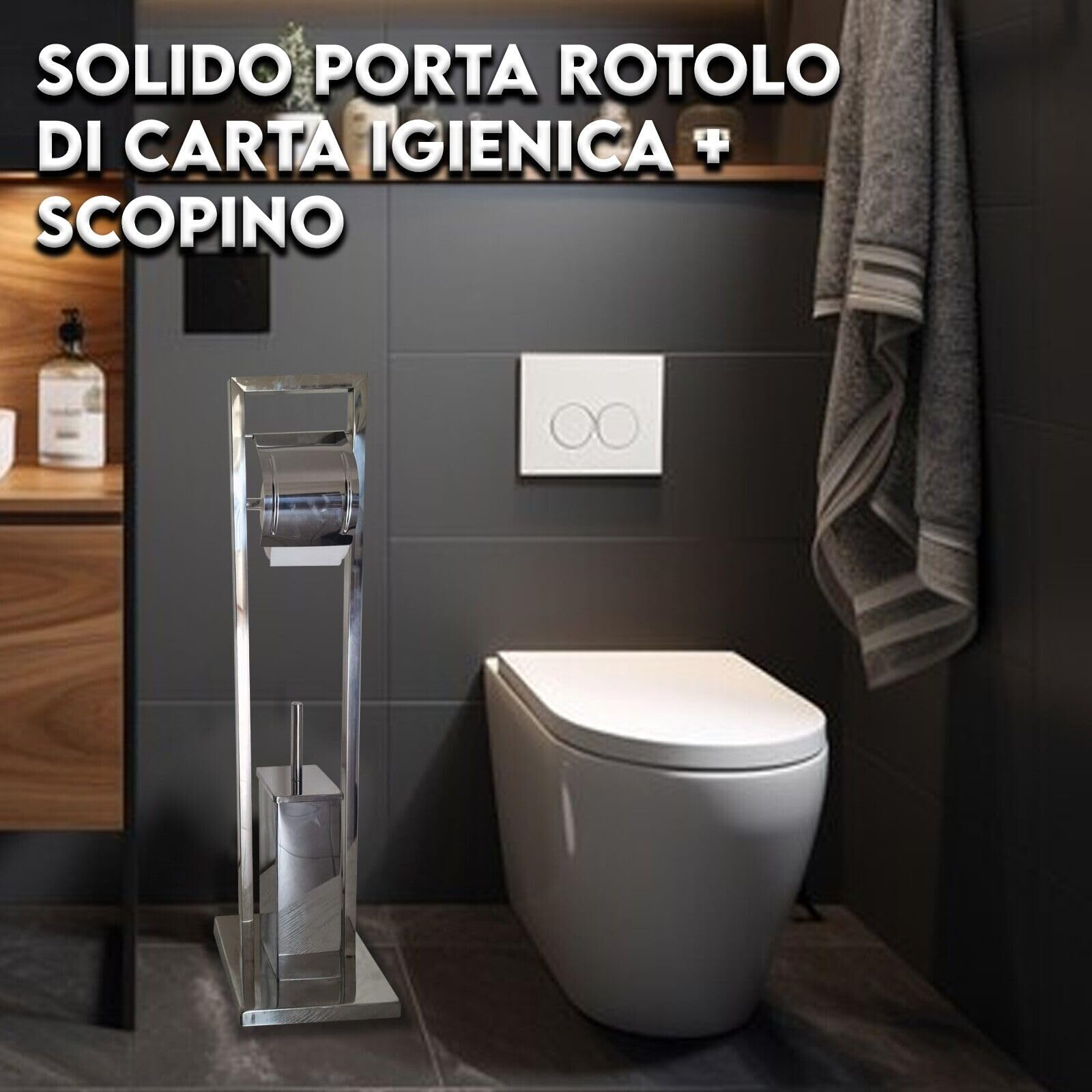 MAKA Portasciugamani da Terra in Metallo Argento Cromato Lucido Piantana da Bagno Con Bracci Portarotolo Carta Igienica Porta Scopino Toilette Moderno Regolabile Alluminio (Rotolo-Scopino)