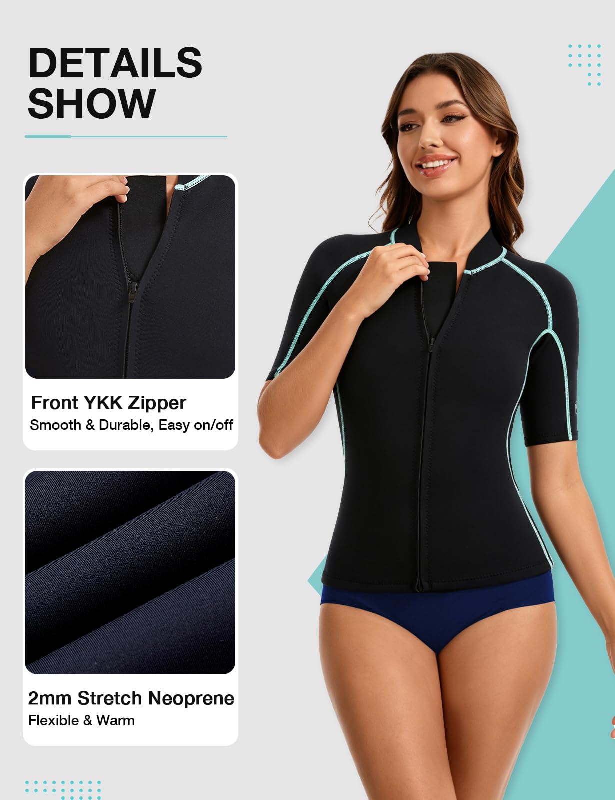 Lemorecn Traje de neopreno de manga corta para mujer, 2 mm, cremallera frontal, chaqueta de neopreno súper elástica para buceo, kayak, surf, natación