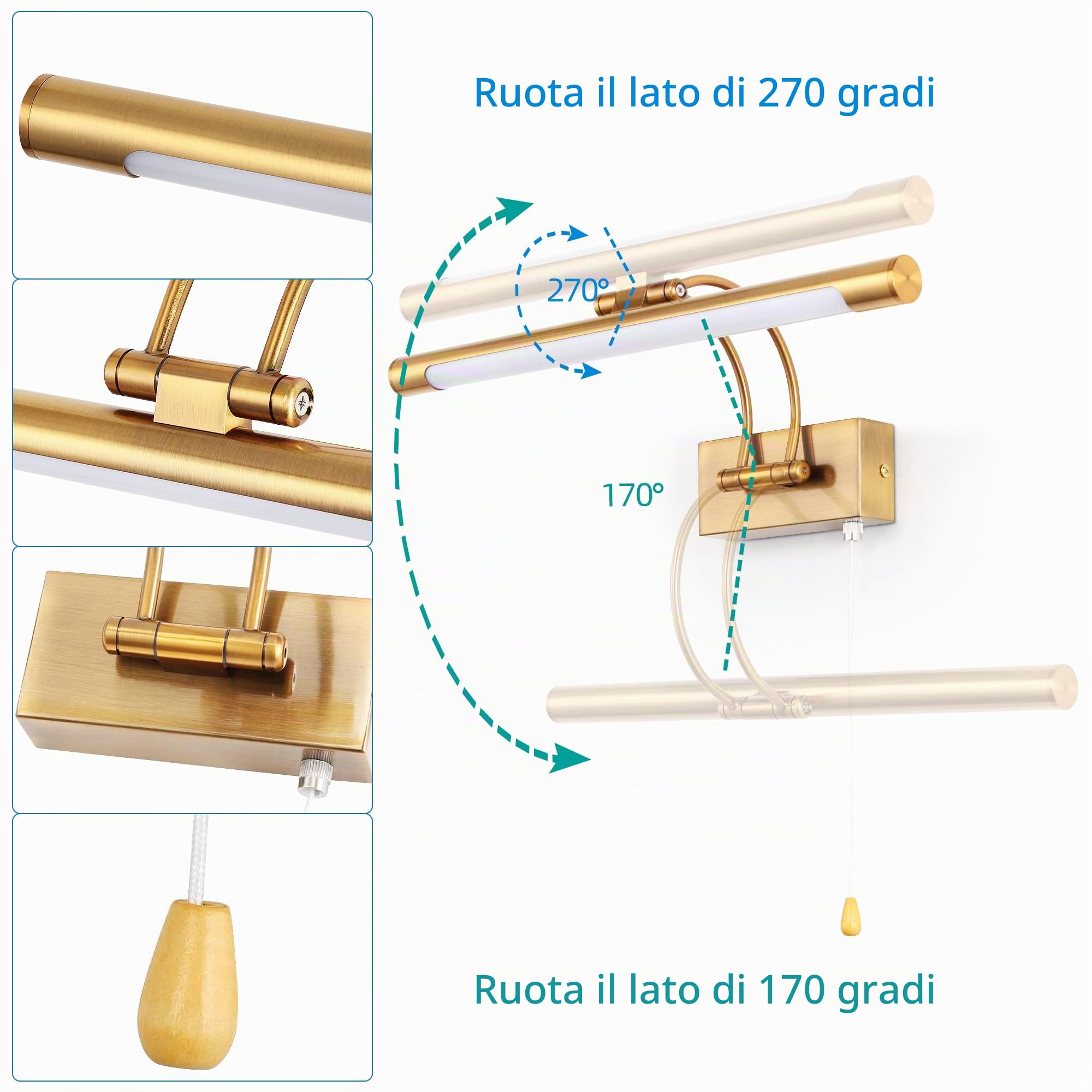 Applique Parete LED 40cm 8W Illuminazione Specchio Bagno IP44 3000K Ottone Braccio Regolabile Interruttore a Trazione Luce da Lettura Interni Applique per Comodino