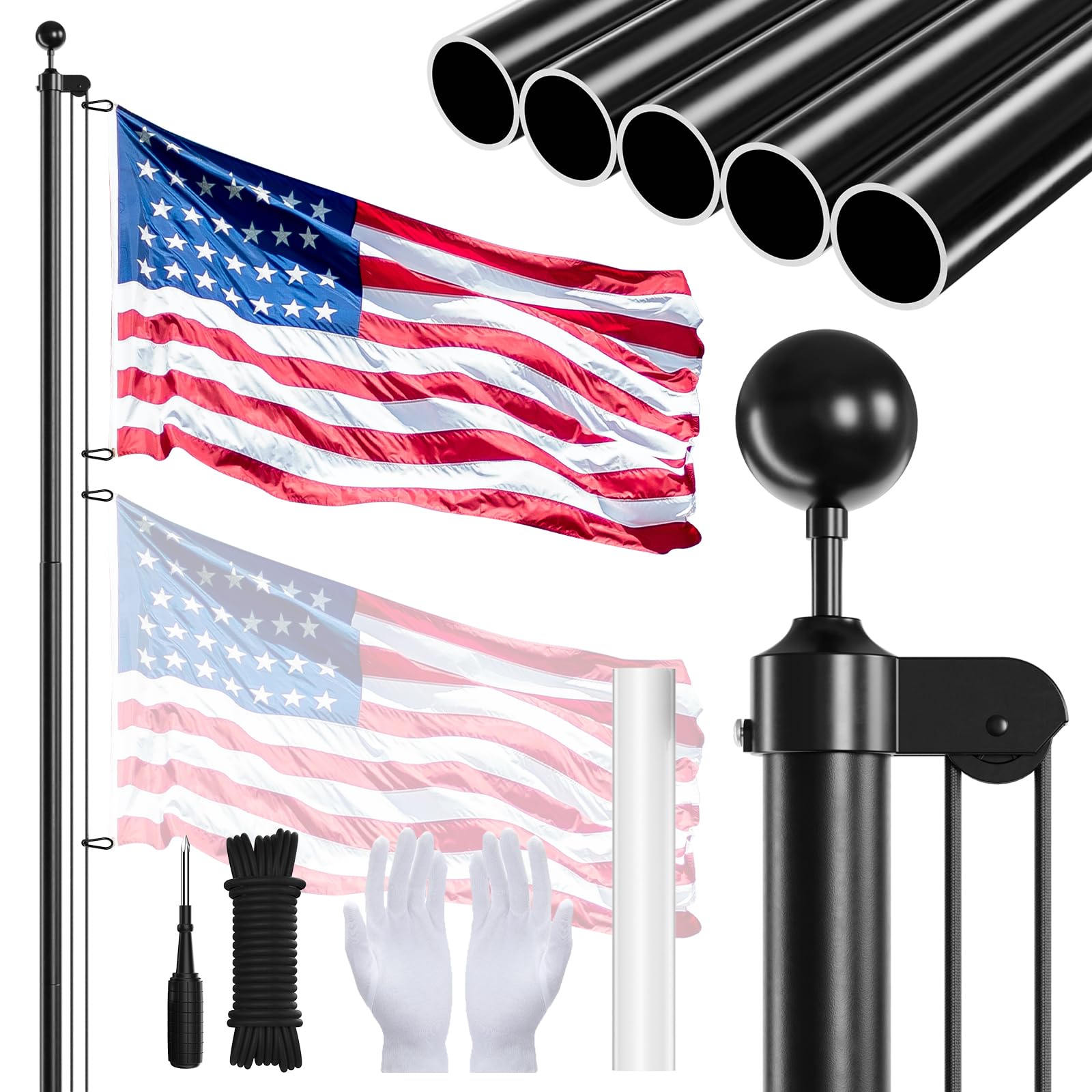SCWN Flag Pole for Outside in Ground,20FT Sectional Aluminum Extra Thick Heavy Duty Black FlagPole with 5x3 USA Flag White Gloves,Flag Poles Kit for Yard,Outdoor,Commercial or Residential