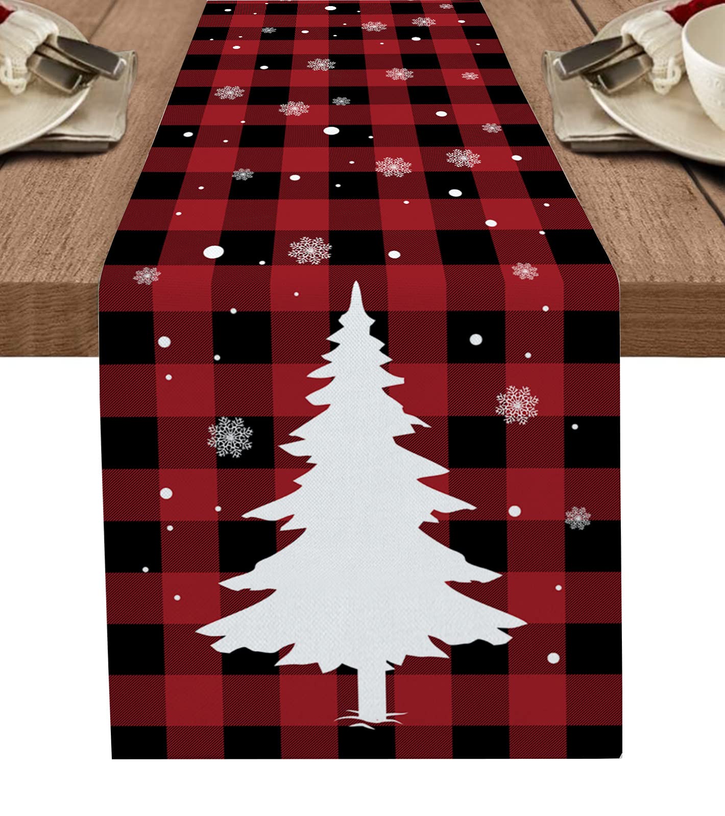 Merry Christmas Cotton Linen Table Runner - Buffalo Plaid Farm Xmas Tree Design, 13x120 Inch, Holiday Dining Table Decor