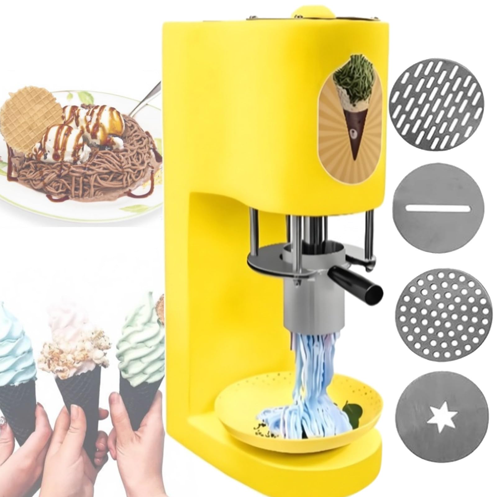 Machine à Glace « Spaghetti » 80 W – 4 Embouts de formage et trémie en Acier Inoxydable – Presse Professionnelle pour Glaciers, Usage Domestique et Food Trucks Yellow