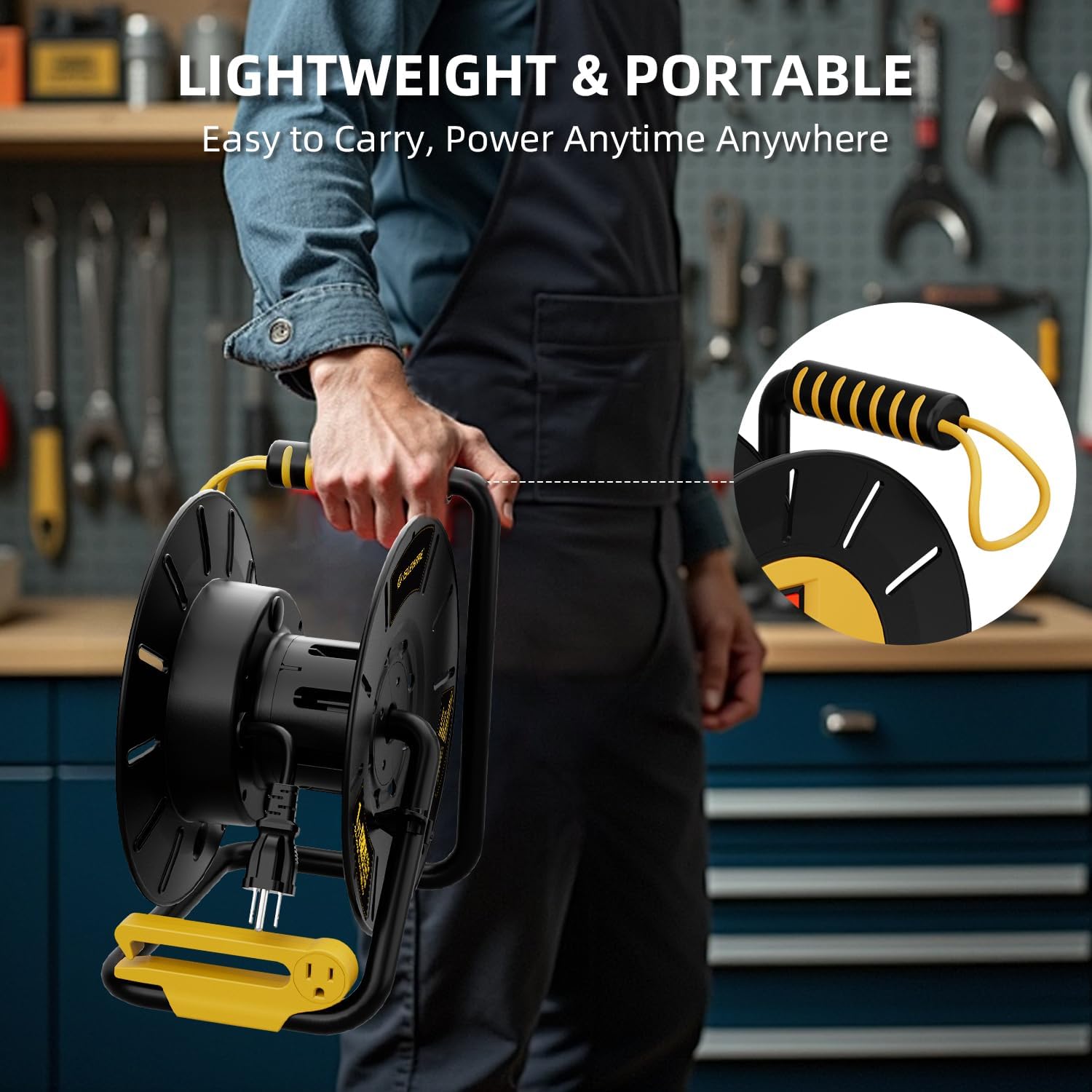 Extension Cord Storage Reel with 4-Grounded Outlets & 2 USB Ports, Heavy Duty Open Cord Reel for 12/3,14/3,16/3 Gauge Power Cord, Hand Wind Retractable, 15A Circuit Breaker, ETL Listed, Yellow