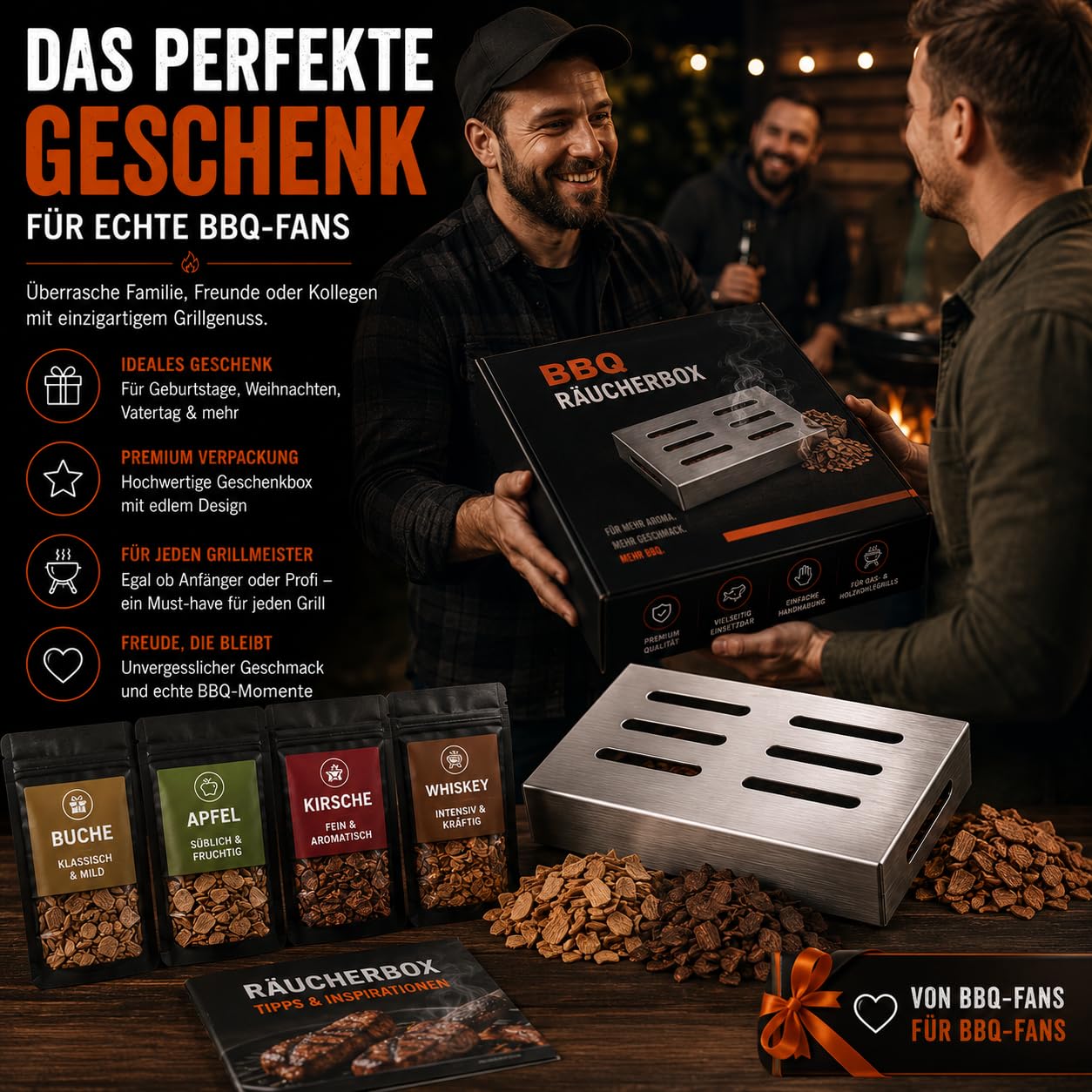 Premium Räucherbox Edelstahl mit Räucherchips Set – Smokerbox für Gasgrill, Holzkohlegrill & Smoker – 4 Holzsorten Buche Apfel Kirsche Whiskey – BBQ Geschenk für Männer (Premium Räucher Set)