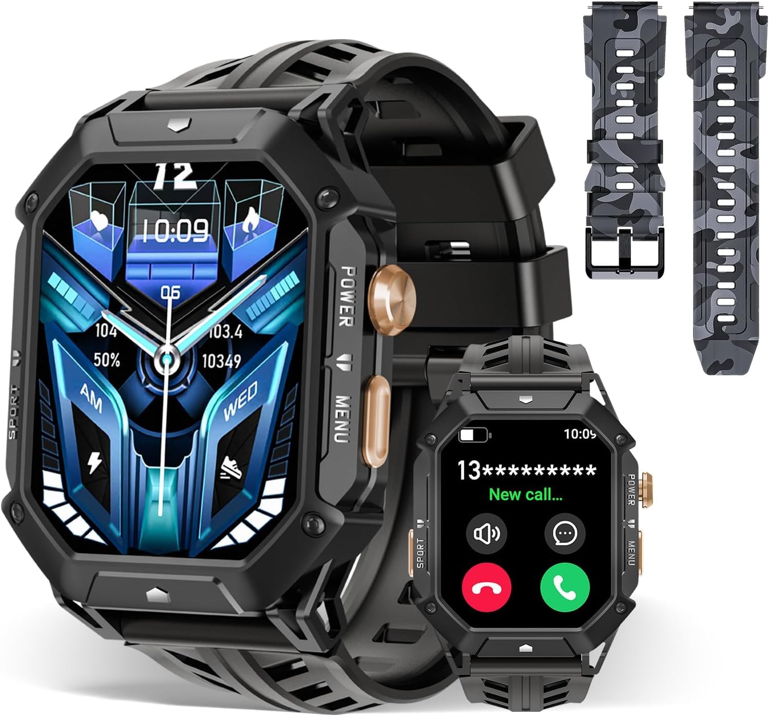 BT80 Smart Watch for Men,2.13" AMOLED HD Display,100 Days Long Battery Life,Rugged Military Smart Watch with Bluetooth Calls/Heart Rate Monitor/Blood Oxygen for Android iOS (Black)