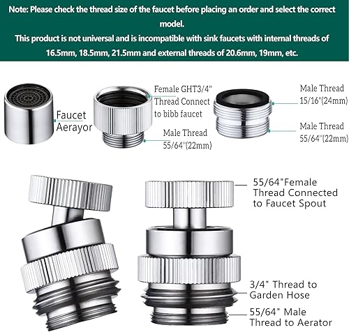 Vista 14 de Adaptador de manguera de jardín a grifo, adaptador de manguera de jardín de latón de 3/4 pulgadas con aireador, giratorio de 360 grados para cocina