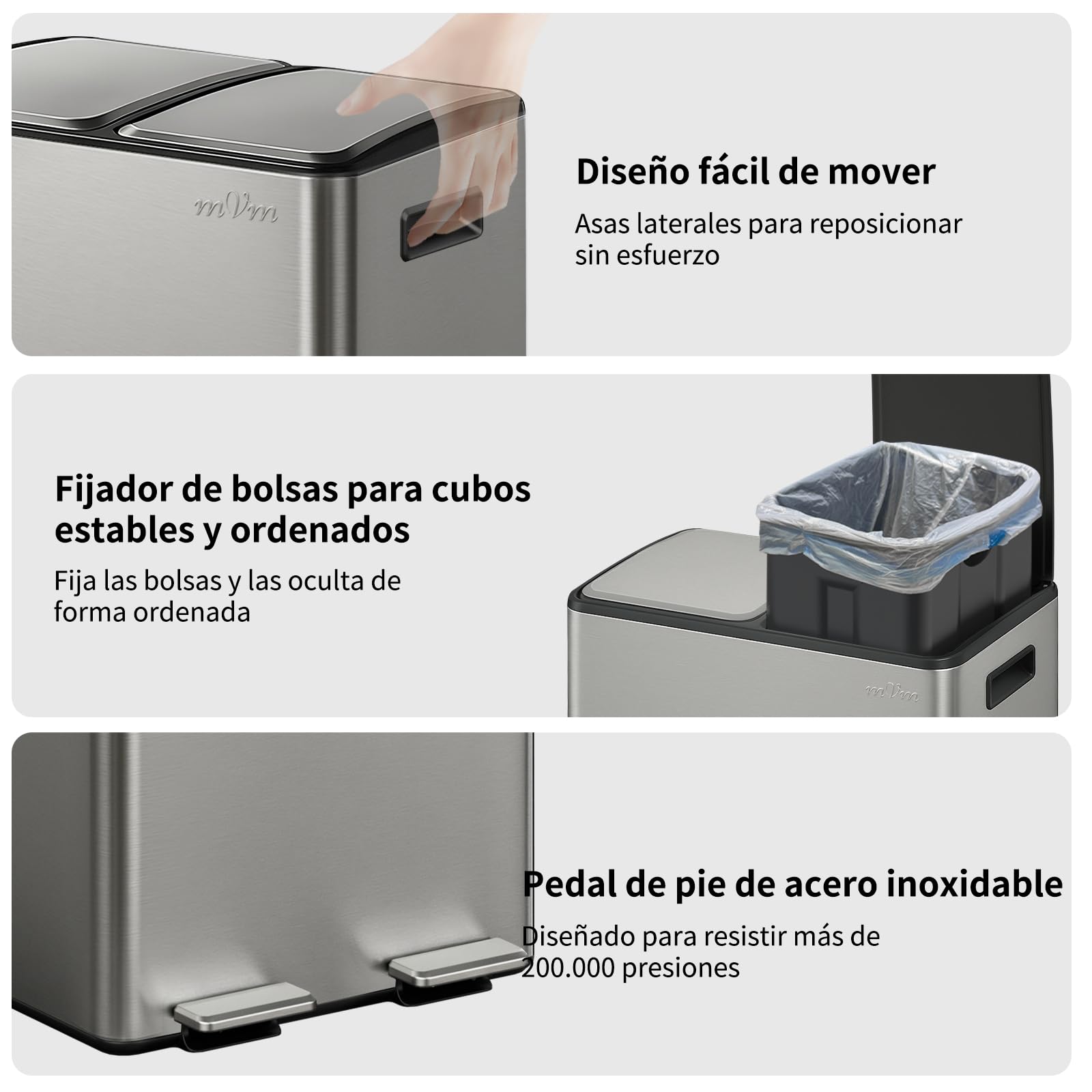 mVm Cubo de Basura Cocina, 2 Compartimentos 2 x 30L Papelera de Cocina de Acero Inoxidable con Pedales, Papelera Moderna y Robusta, Cierre Suave, para Cocina, Salón, Gris