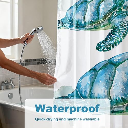 Vista 112 de Cortina de ducha de tortugas marinas, temática náutica de playa, verde y verde azulado, sin ganchos, punto gofre y forro desmontable, decoración