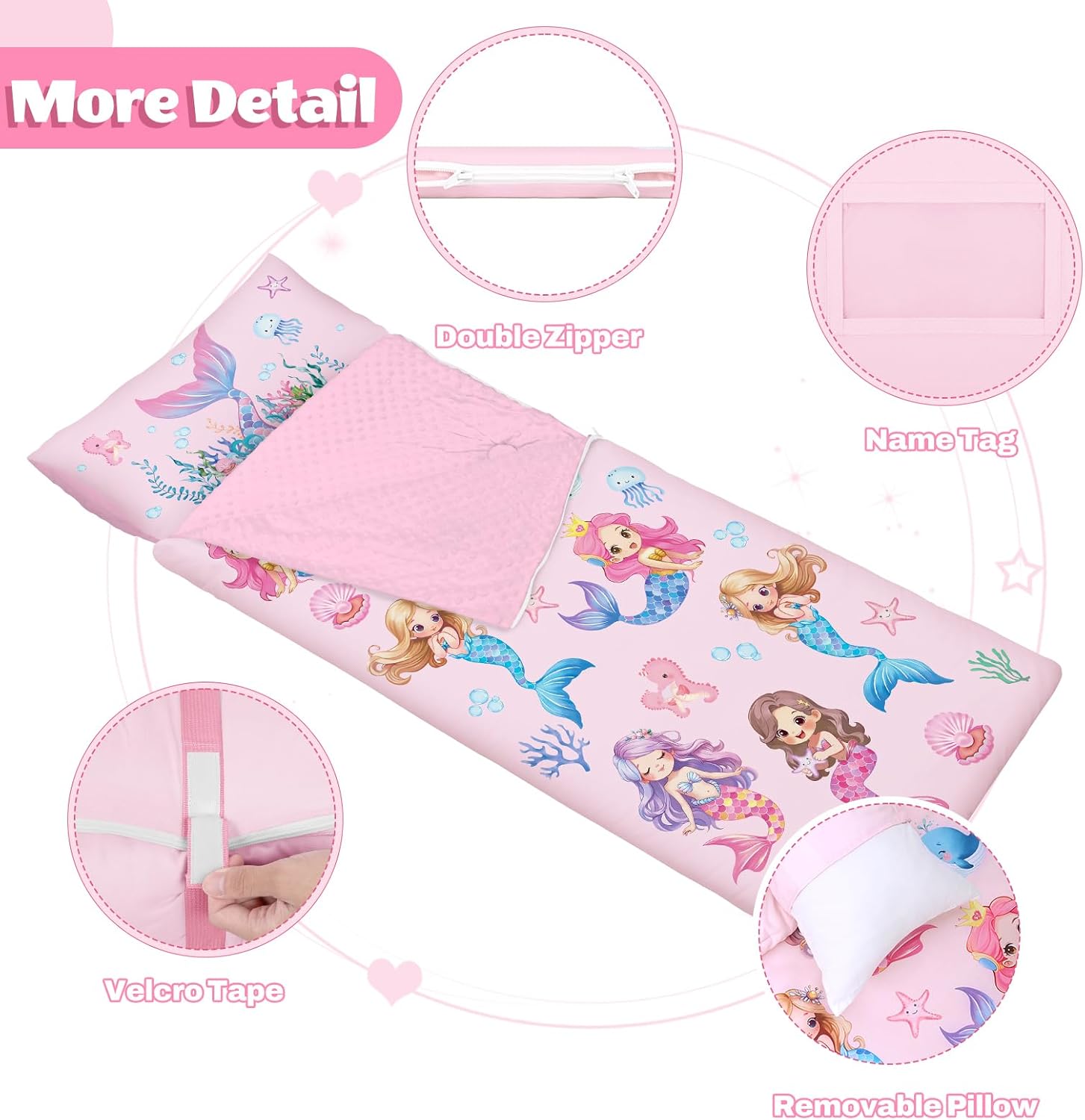 Toddler Nap Mat Sleeping Bag with Removable Pillow, 59" x 24" Kids Roll Up Portable Slumber Mat for Daycare, Kindergarten, Camping – Lightweight, Soft & Easy to Clean for Girls and Boys