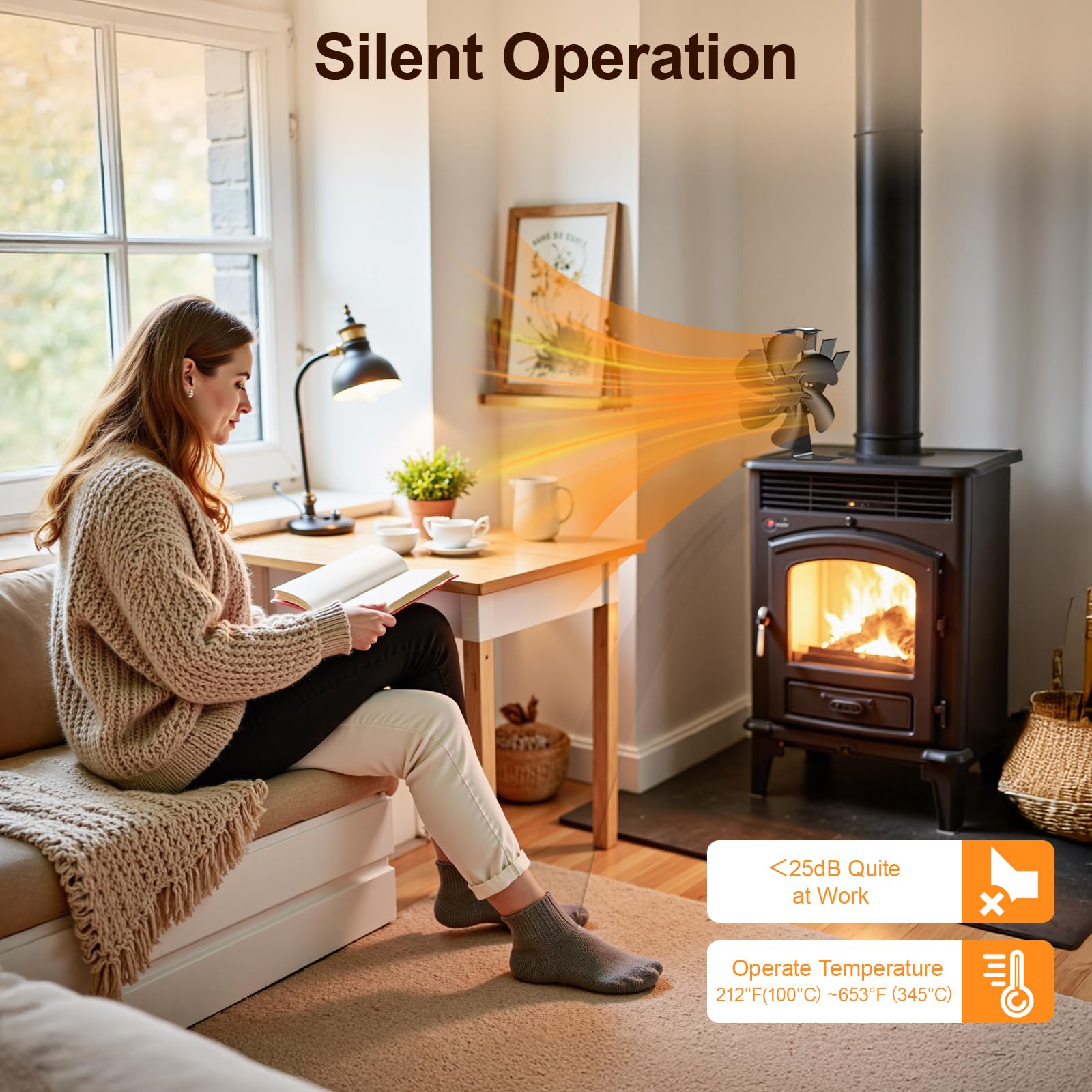 Ventilateur Poele à Bois,Ventilateur Alimenté à la Chaleur,6 Pales pour Cheminée Tuyau/Poêle à Granulés/Gaz/Bûche/Pellet