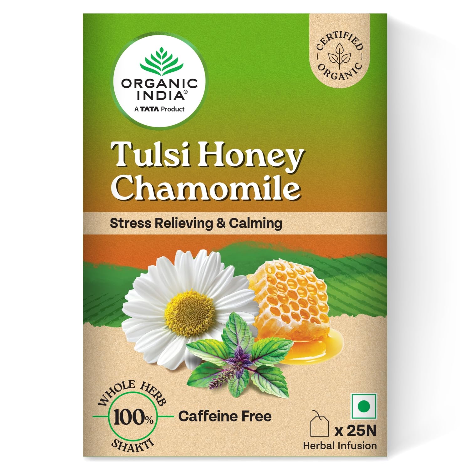 A TATA Product - Organic India Tulsi Honey Chamomile Infusion - 25 Tea Bags, Certified Organic, Stress Relief, Calming, Promotes Sleep, Caffeine-Free