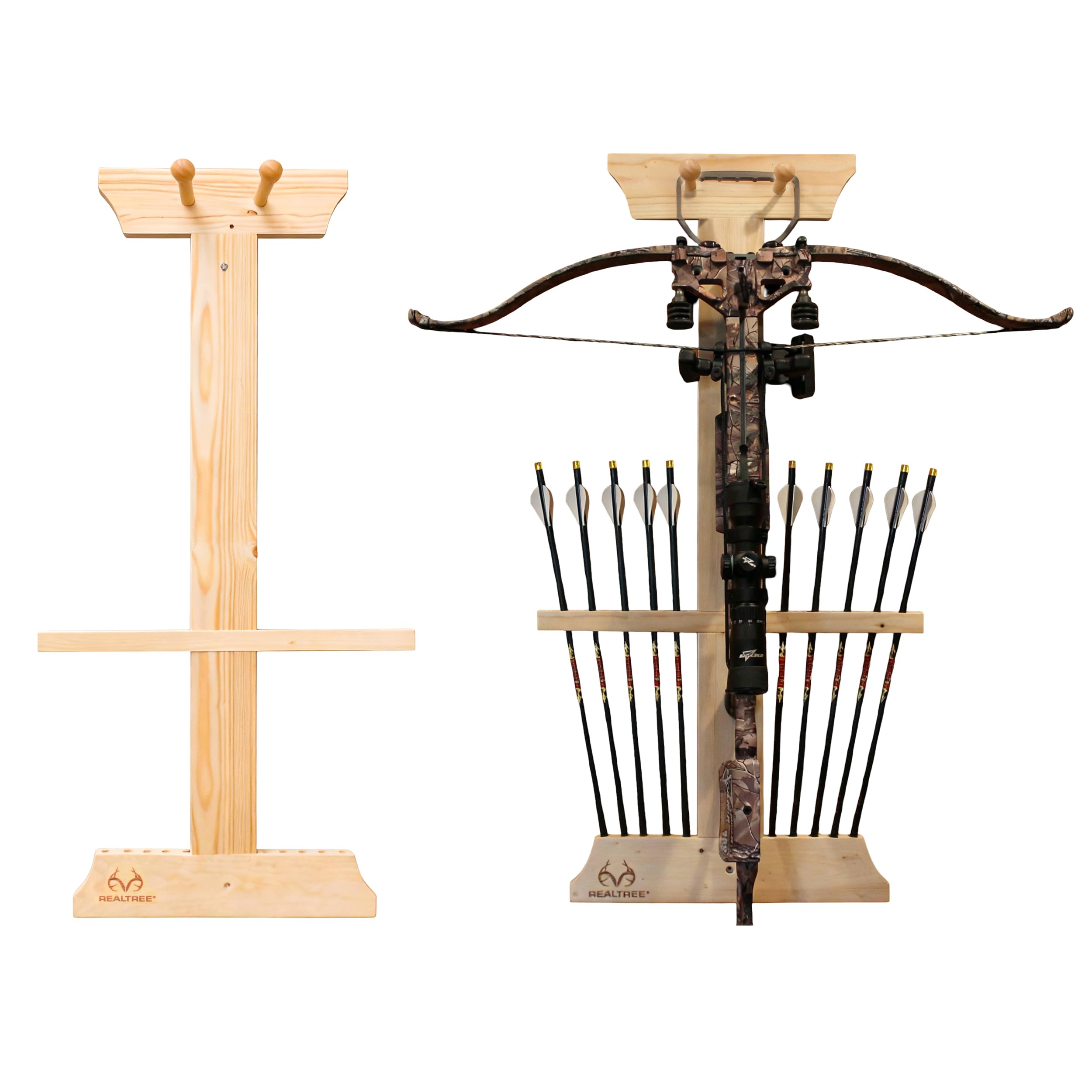 Rush Creek Creations | Wall Mounted Bow and Arrow Display Rack for Hunting and Archery Accessories | Real Tree Crossbow Holder and 10-Arrow Storage | Bow Hanger for 1 Big Crossbow with Arrow Holders