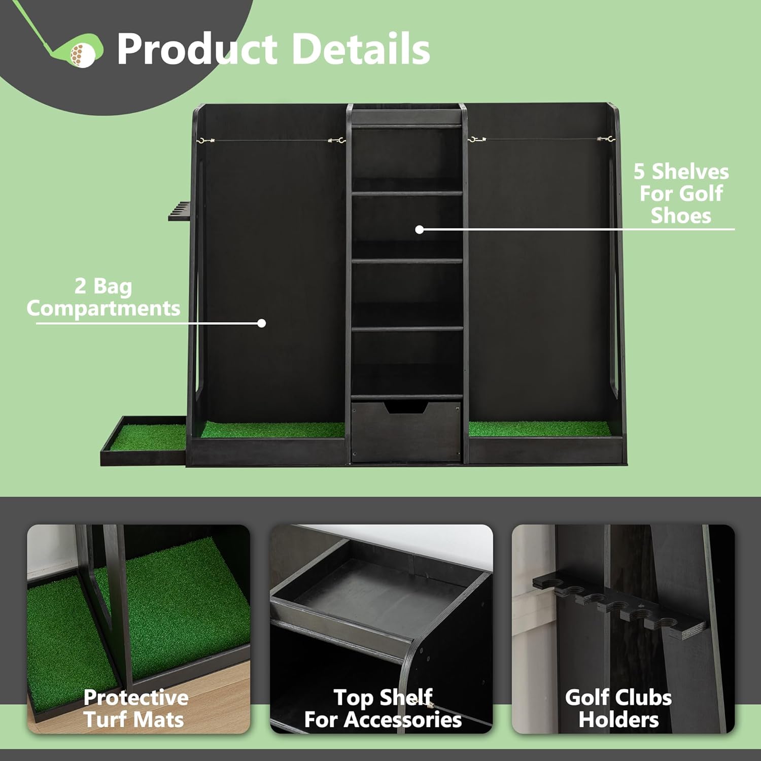 Golf Bag Organizer Storage Rack Stand Holder Fits 2-3 Extra Large Golf Club Bags and Multiple Golfing Equipment Accessories for Garage Home Simulator and Office