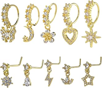 10 Pcs Dangle Nose Ring Hoop 20g Cz Nose Rings with Charm L Shaped Dangling Noses Stud Indian Piercing Jewelry For Women