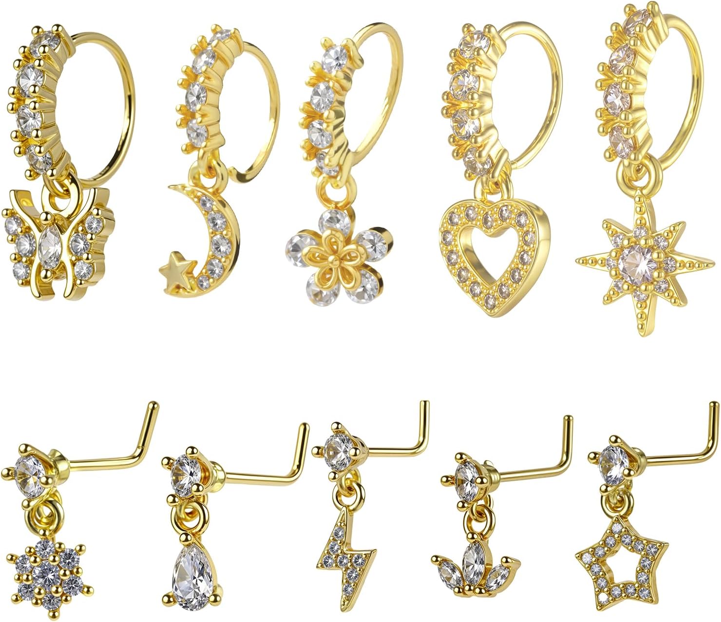 10 Pcs Dangle Nose Ring Hoop 20g Cz Nose Rings with Charm L Shaped Dangling Noses Stud Indian Piercing Jewelry For Women