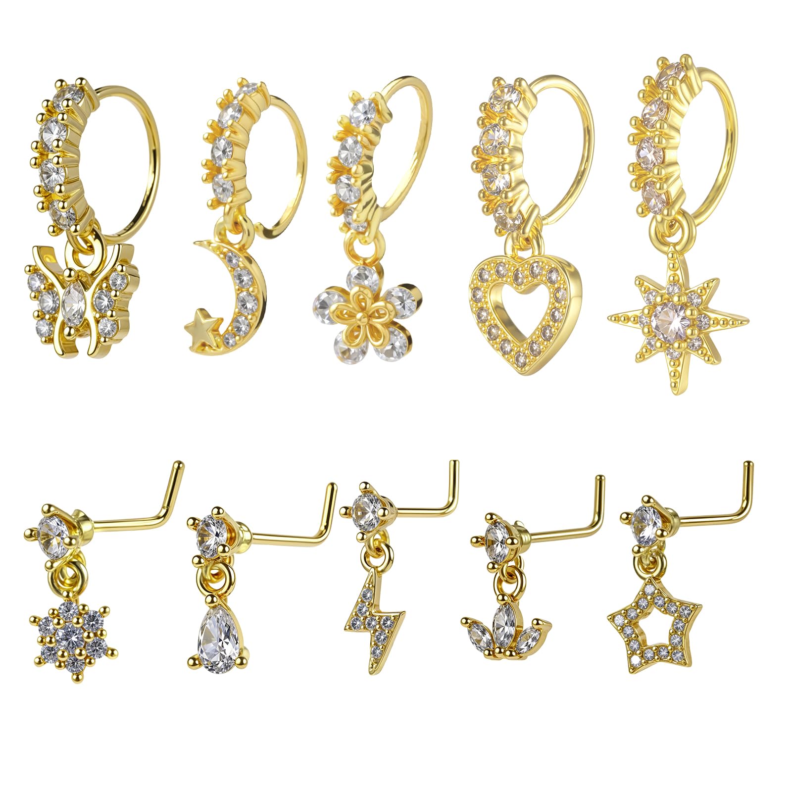 Yolev10 Pcs Dangle Nose Ring Hoop 20g Cz Nose Rings with Charm L Shaped Dangling Noses Stud Indian Piercing Jewelry For Women