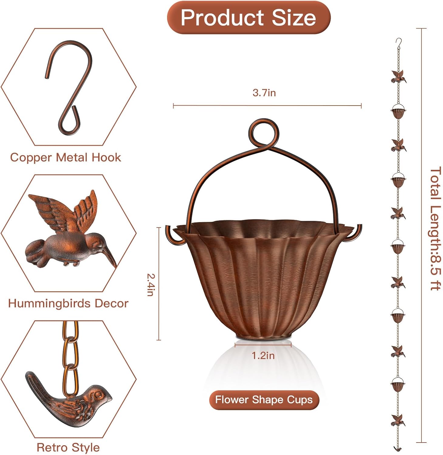 Solid Rain Chain for Gutters – 8.5ft Cast Iron Rain Catcher Chain, Decorative Rain Chimes Outside with 12 Cups & Hummingbird Decor