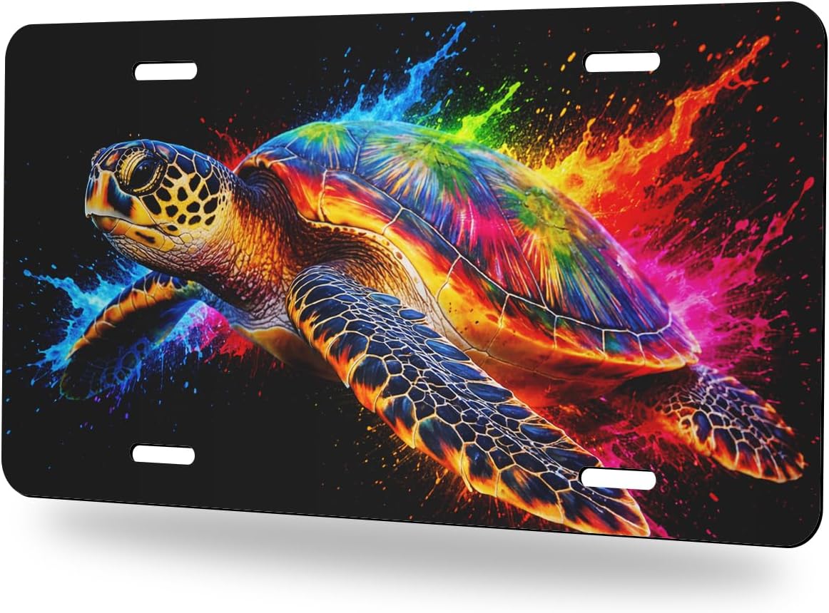 Rainbow Front License Plate Colorful Sea Turtle Paint Splash Neon Aluminum Decorative License Plates Funny Novelty Vanity Tag Cover Car Decor Accessory with 4 Holes for Men Women 12×6 Inch
