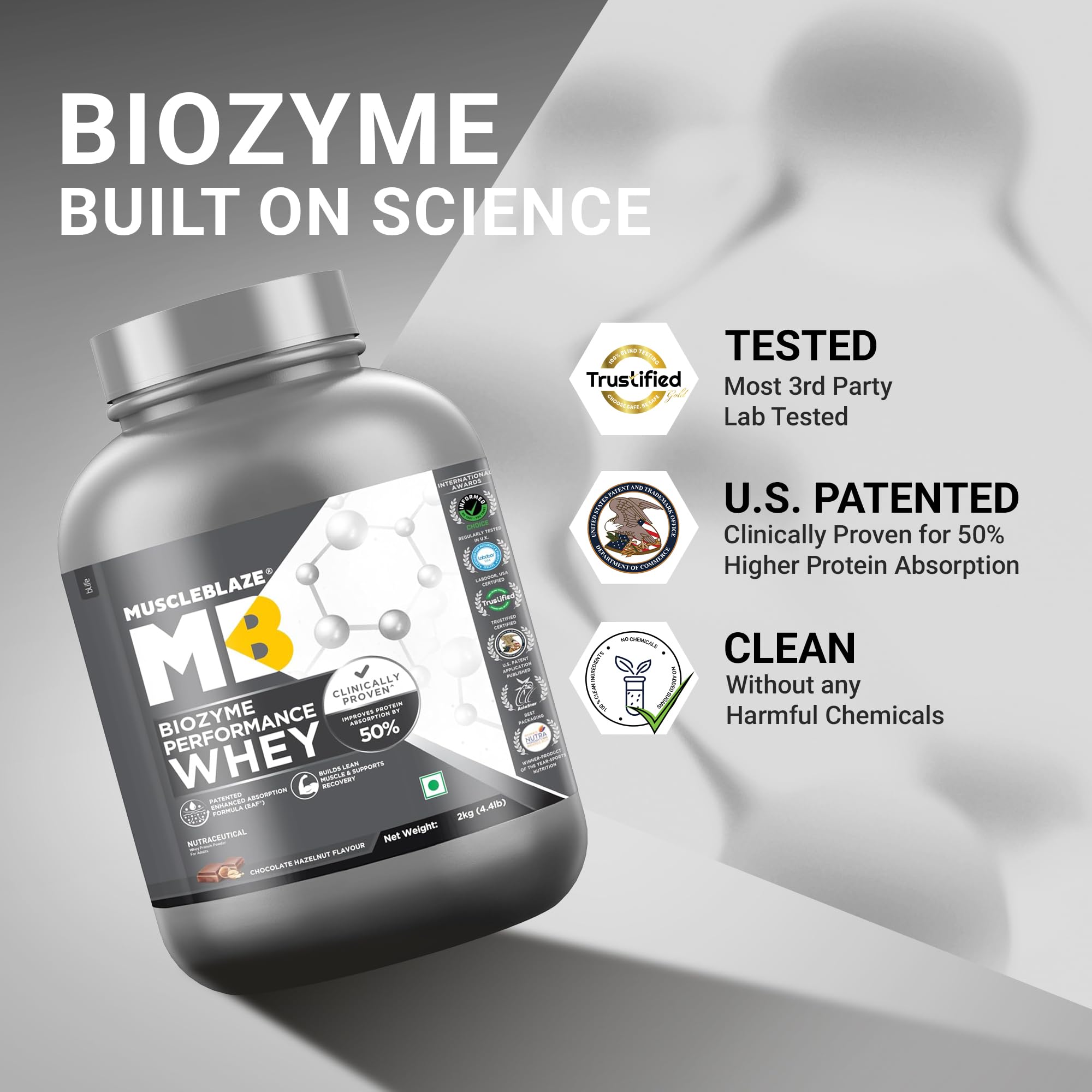 MuscleBlaze Biozyme Performance Whey Protein Powder, Chocolate Hazelnut (2kg / 4.4lbs) | 25g Protein Per Scoop | Clinically Tested 50% Higher Protein Absorption Product Image 4