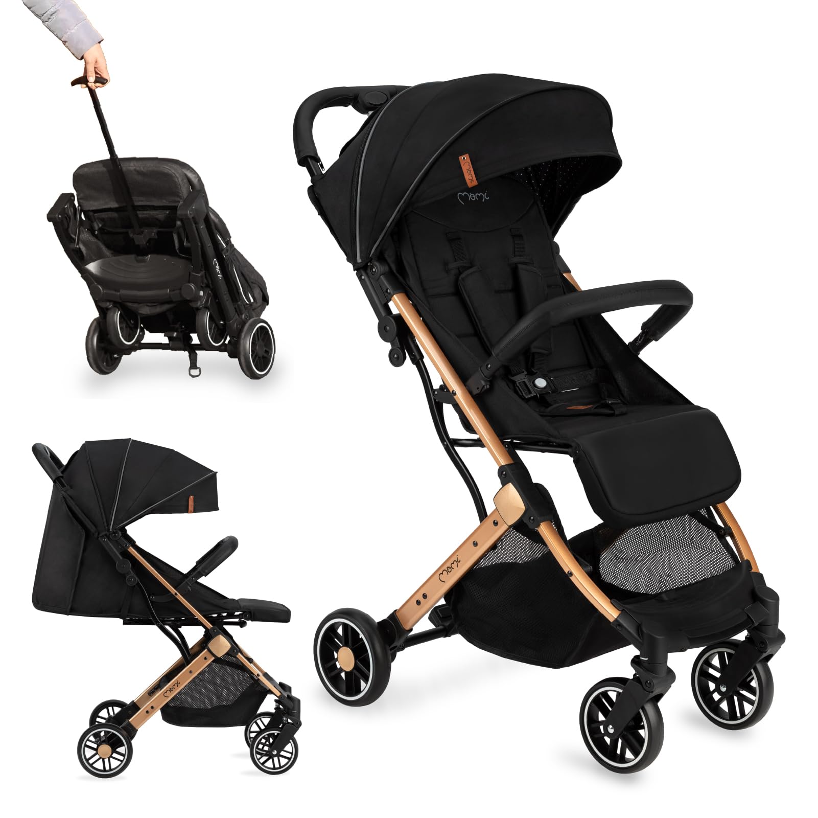 MoMi ESTELLE Poussette compacte légère et pliable dès 6 mois jusqu'à 15 kg, dossier inclinable, repose-pieds réglable, roues amorties, grand panier, harnais 5 points