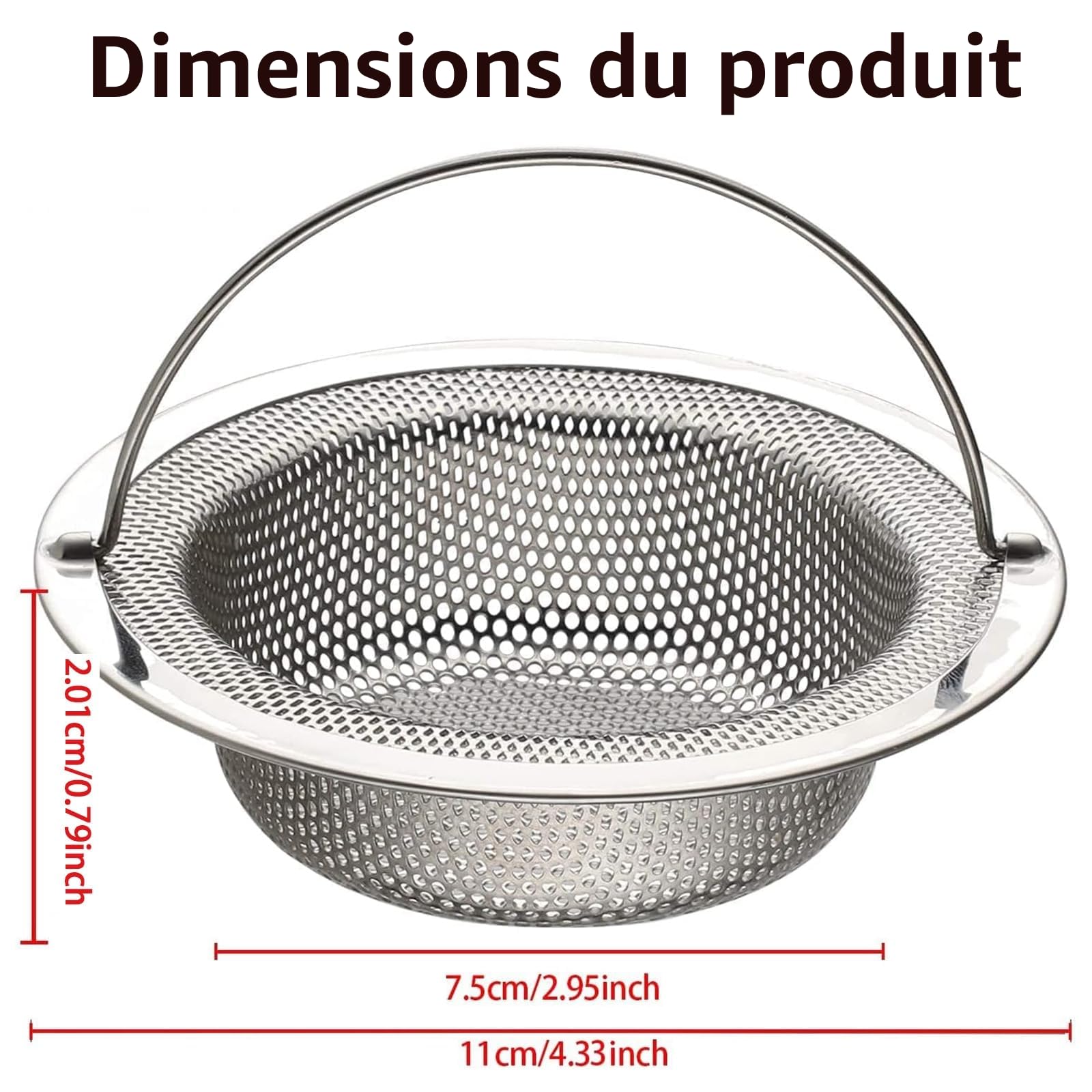 Filtre à évier de Cuisine en acier inoxydable, Crépine de Vidange avec Poignée Relevable, Lot de 2, Diamètre Extérieur 11 cm x Hauteur 2 cm