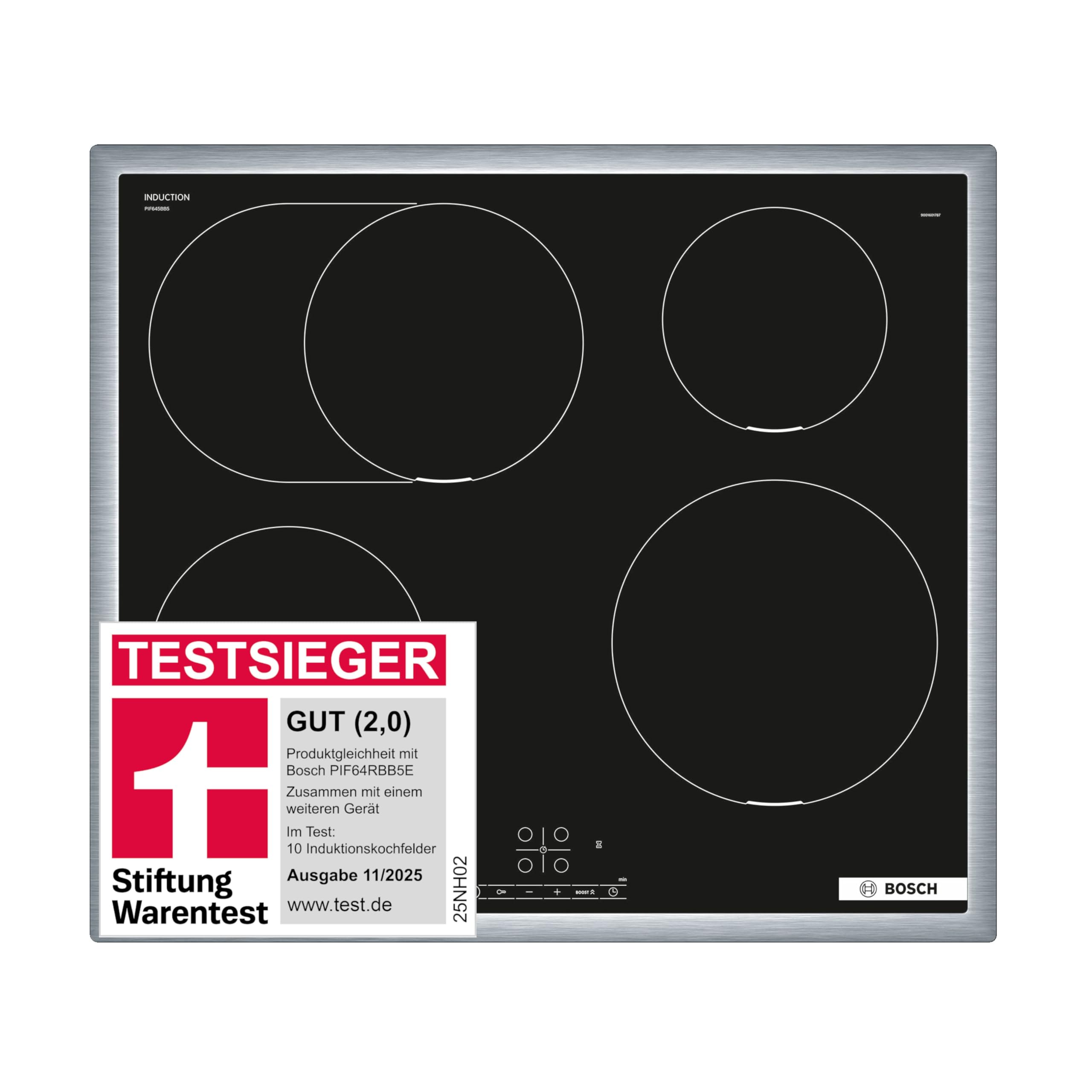 Bosch PIF645BB5E, Stiftung Warentest Testsieger*, Serie 4 Induktionskochfeld (autark), 60 cm breit, Bräterzone für großes Kochgeschirr, PowerBoost schnelleres Kochen, TouchSelect Bedienung, ReStart