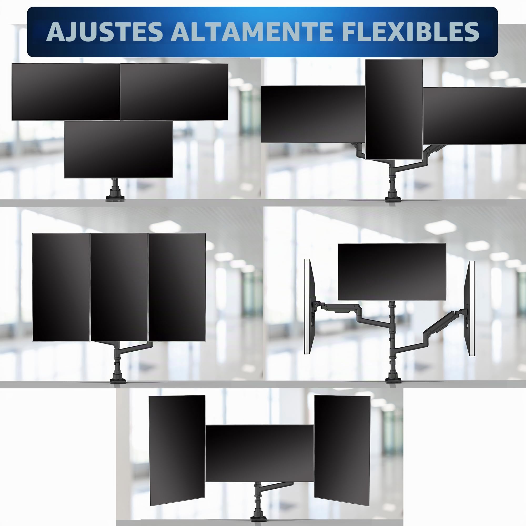 VIVO Soporte de escritorio extra alto con brazo neumático para triple monitor ultraancho para pantallas de hasta 124 cm, abrazadera resistente, soporta 3 monitores ultraanchos de hasta 20 kg, negro