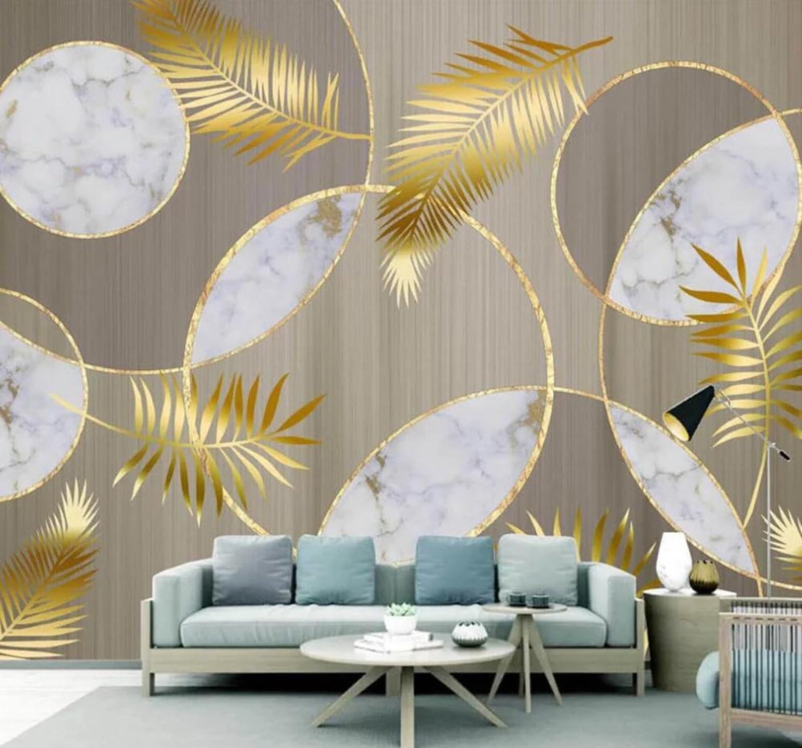 Tzxztt 400Cm×280Cm(B×H) Fresh Art Wood Grain Marble Circles Gold Leaves Modern 3D Wallpaper Premium Textured Silk Neutral Tones Material Ideal For Living Room Bedroom-400Cm×280Cm