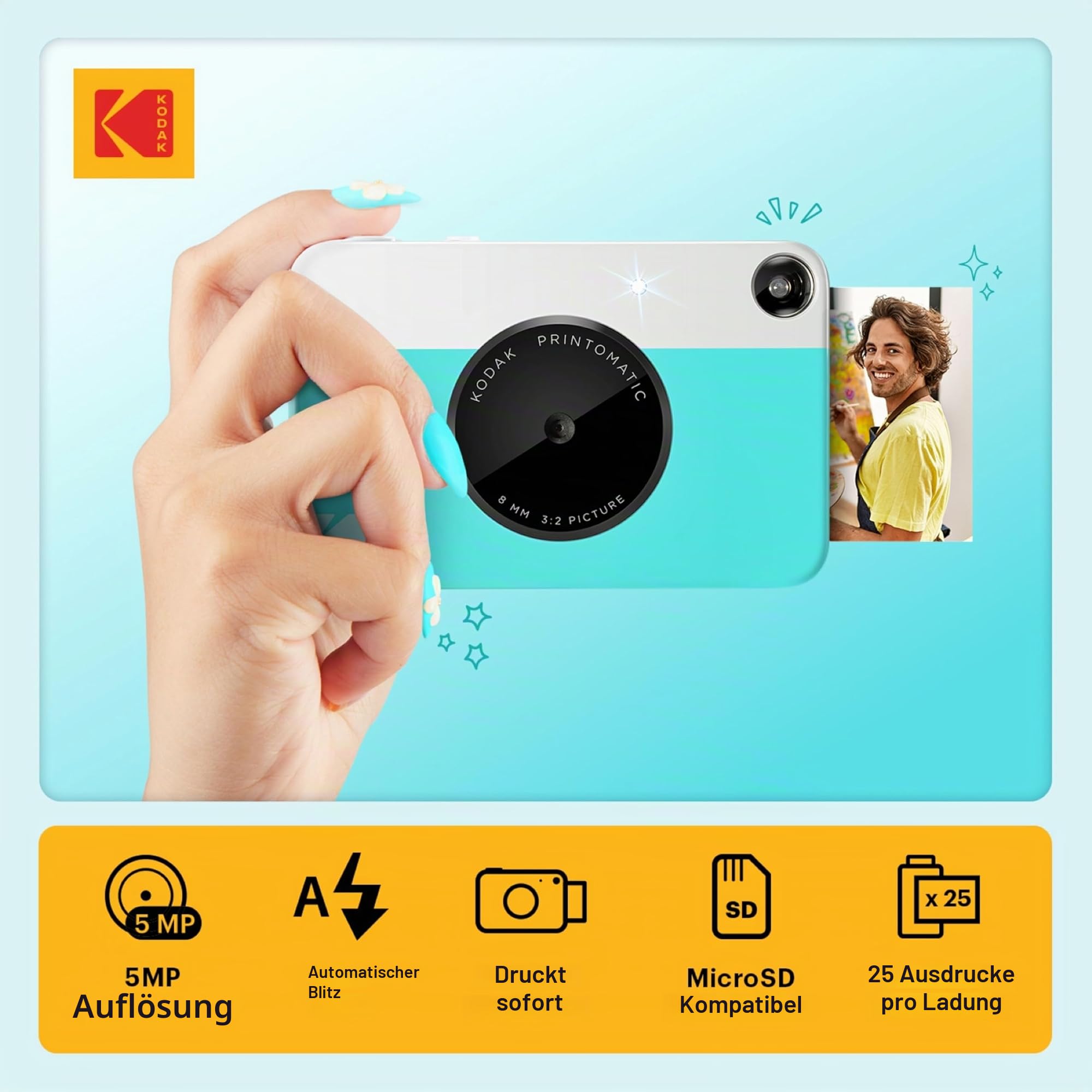 KODAK Printomatic Vollfarb-Sofortdruckkamera-Starterpaket + Softcase + Zink-Fotopapier (20er-Pack) – Bunte Fotos auf 2 x 3 Zoll großem Klebepapier – Blau