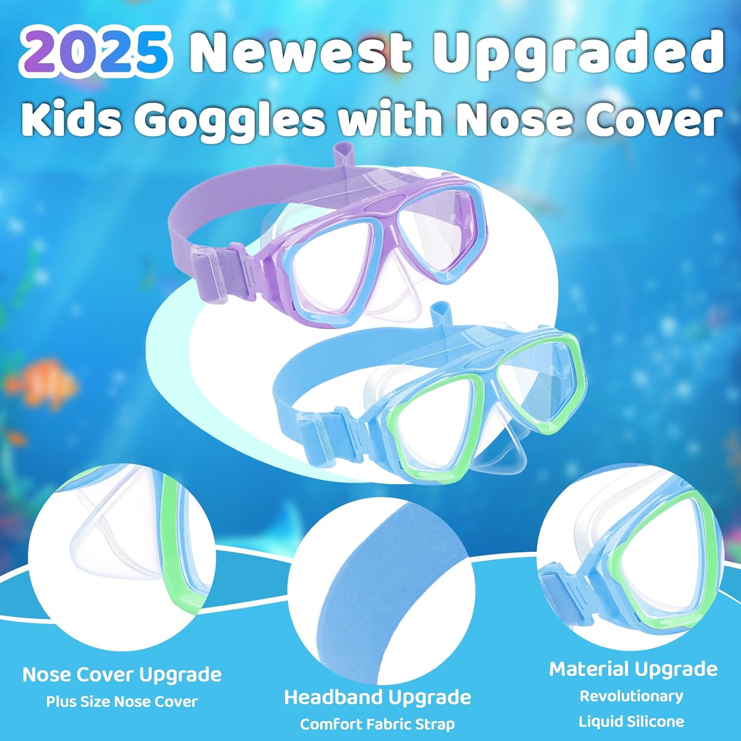 Vvinca Kids Swim Goggles with Nose Cover & Fabric Strap Anti-Fog Swimming Goggles for Boys Girls 3-14 Tangle-Free Design
