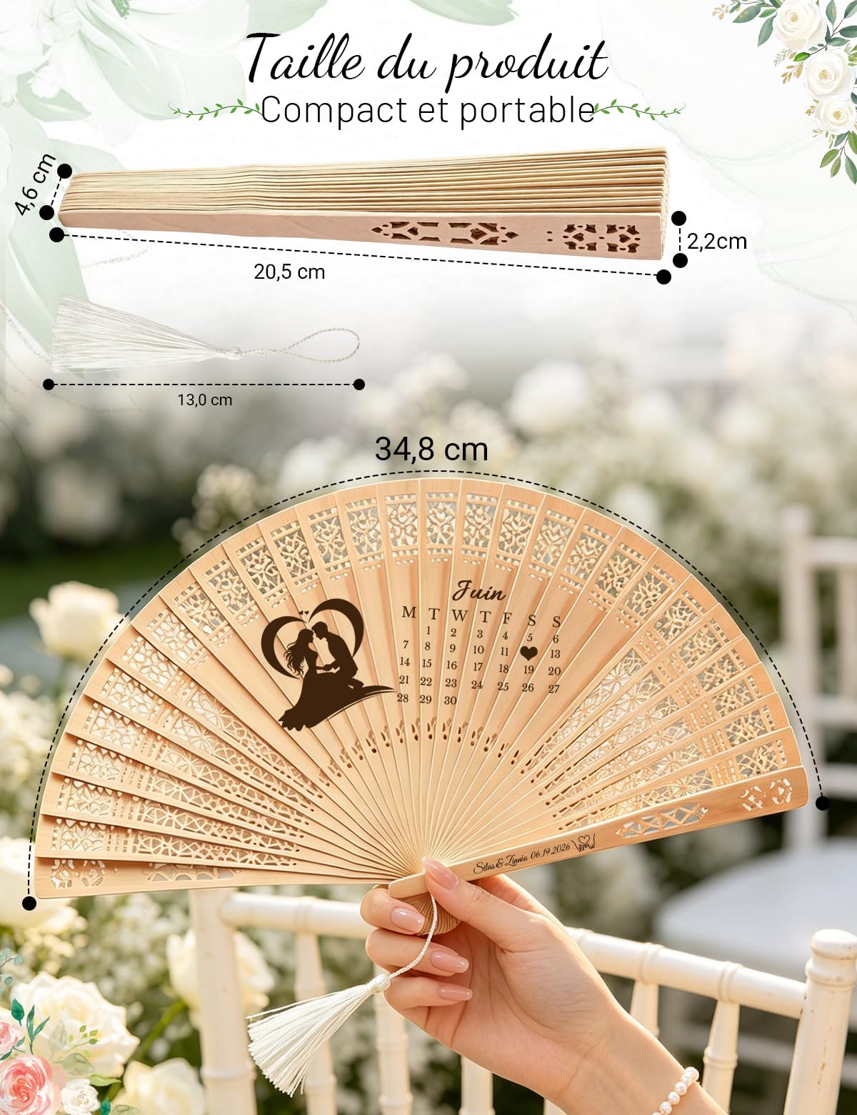 Hochzeitsfächer personalisiert, Holz Handfächer mit Gravur für Gäste | Lasergravierter Holzfächer mit Quaste und Organza Beutel, stilvolles Gastgeschenk für Hochzeit, Braut und Gäste