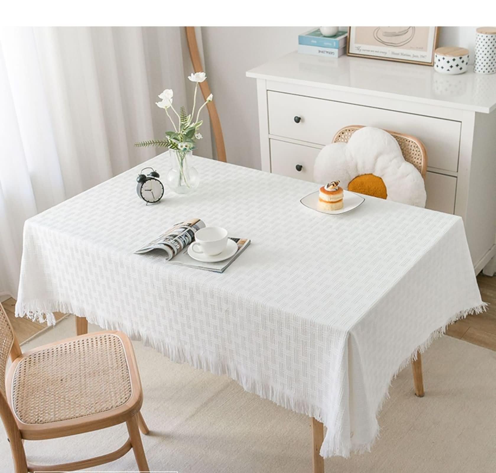 Mantel de cocina blanco, mantel de mesa de cocina, 180 x 260 cm, diseño de cuadros entrelazados con borlas de tela