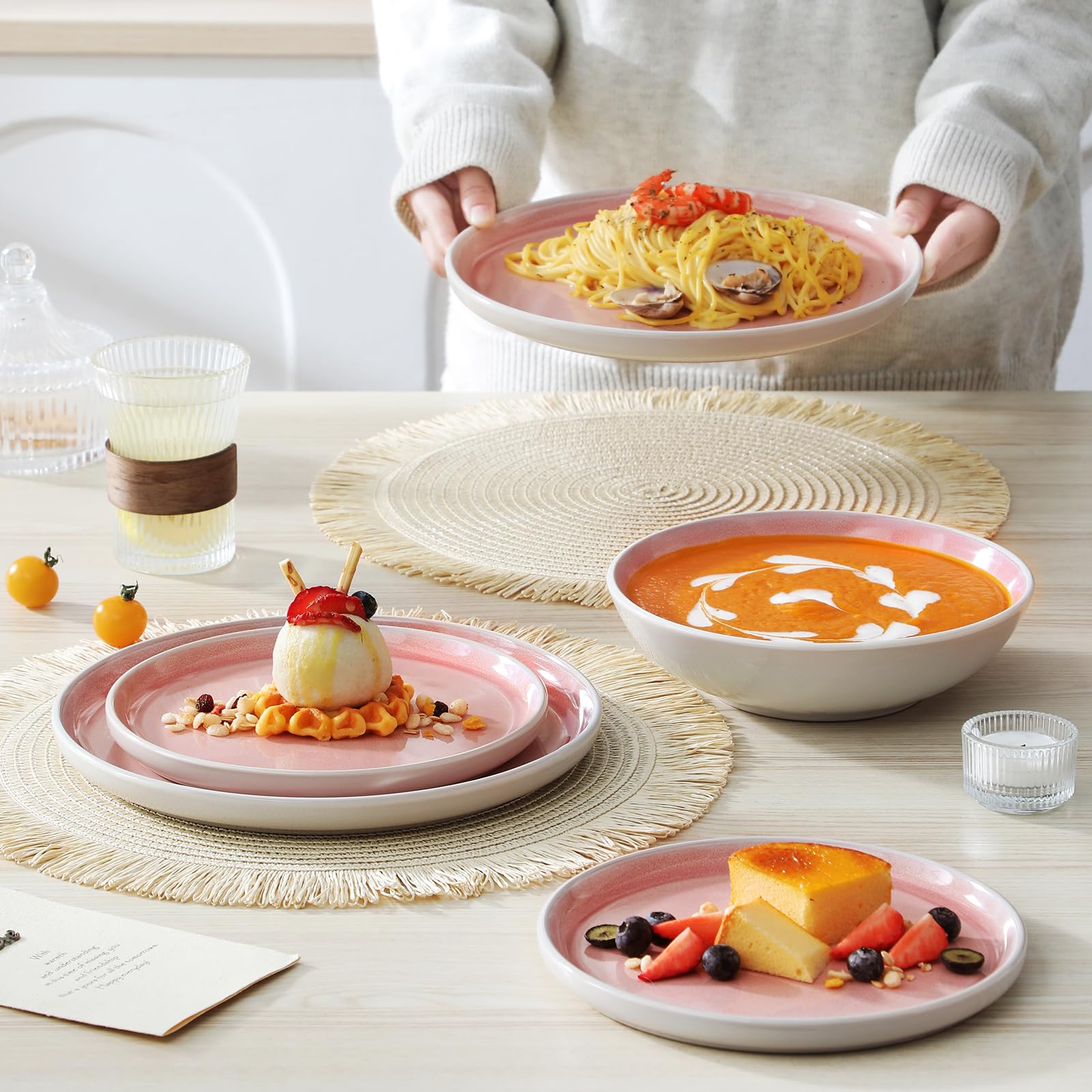vancasso ELBA Assiettes Service de Table 6 Personnes, 24 Pièce Service Vaisselle Complet en Grès - 6 Assiettes Plates, 6 Assiettes à Dessert, 6 Assiettes Creuses et 6 Bols, Compatible Micro-Ondes,Rose