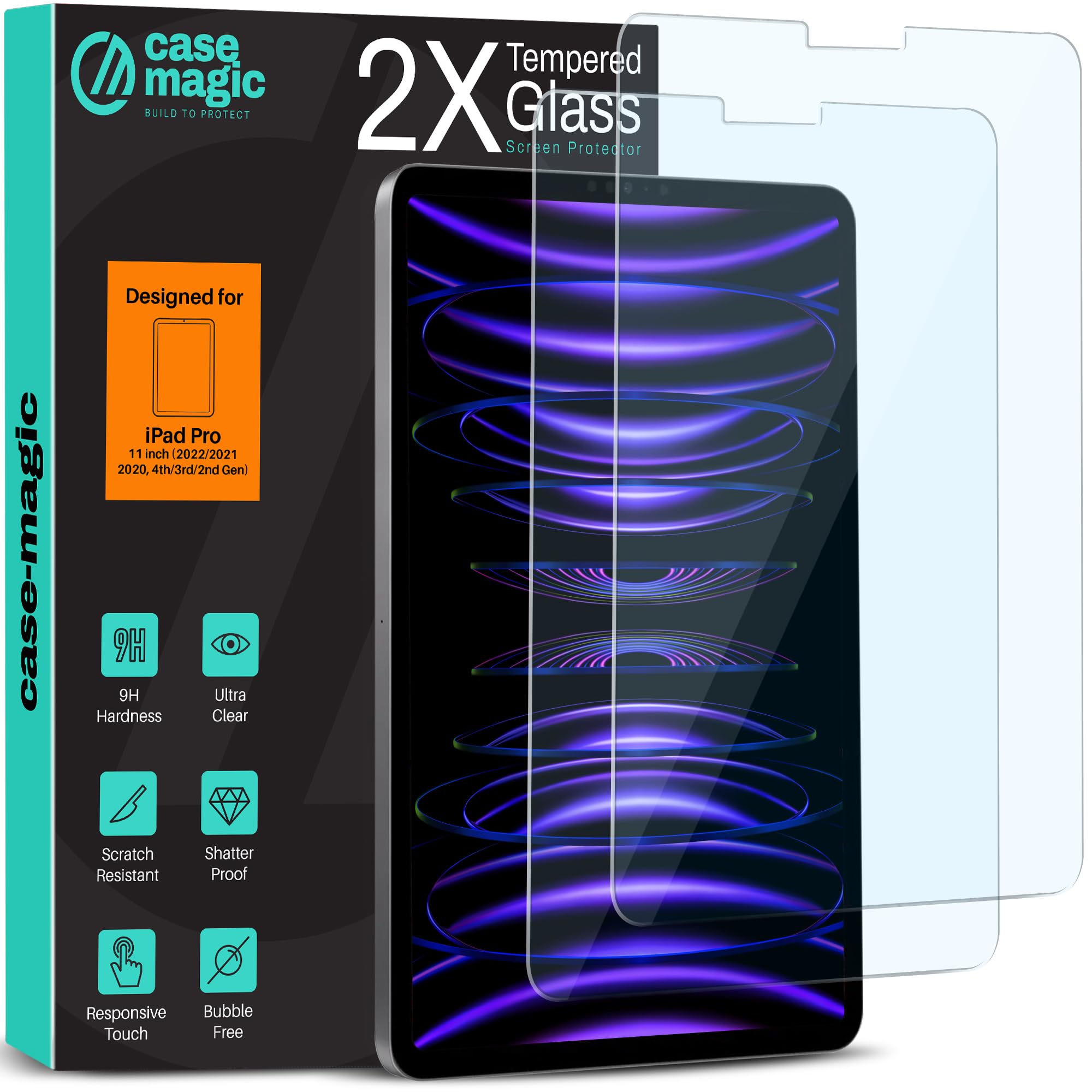 case-magic® Pack of 2 Tempered Glass for iPad Pro 11" 4th/3rd/2nd Gen (2022/2021/2020) | A2759/A2301/A2228 | 9H Hardness | HD Clear | Scratch Resistant | Shatterproof | Touch Sensitive Guard